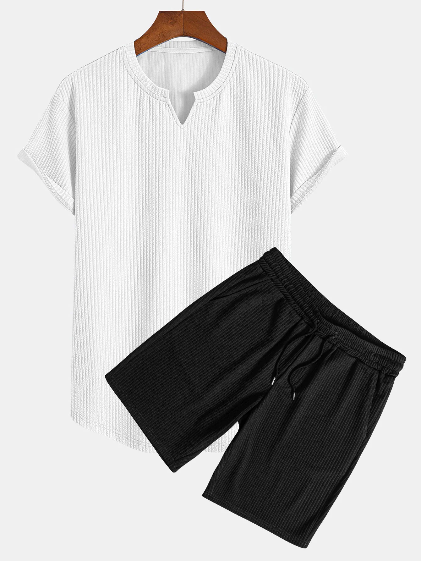 Muscle Fit Notch Ribbed Arc Hem T-Shirt & Drawstring Ribbed Shorts - Image 3