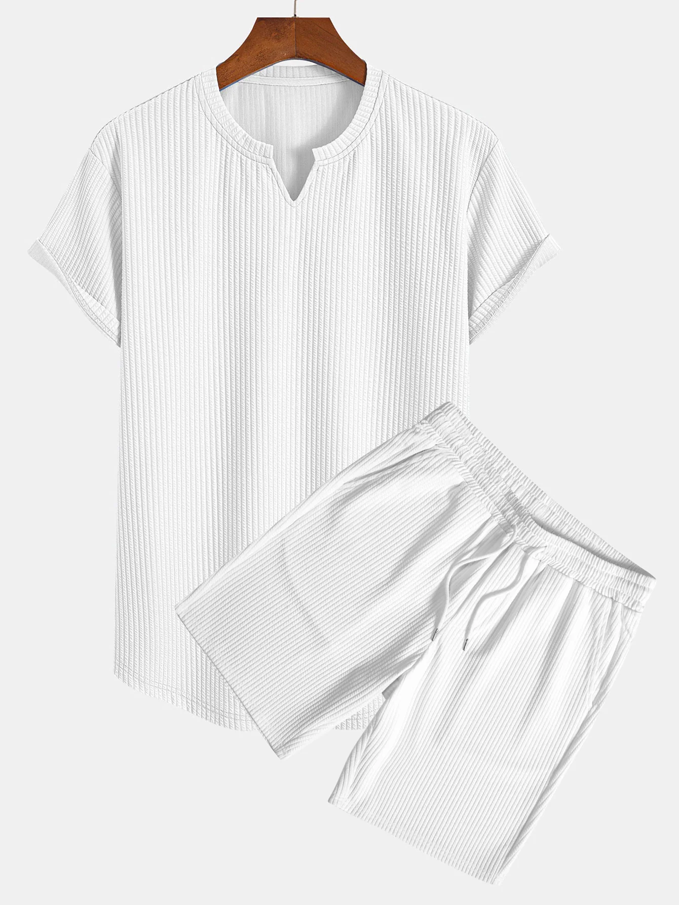 Muscle Fit Notch Ribbed Arc Hem T-Shirt & Drawstring Ribbed Shorts - Image 4