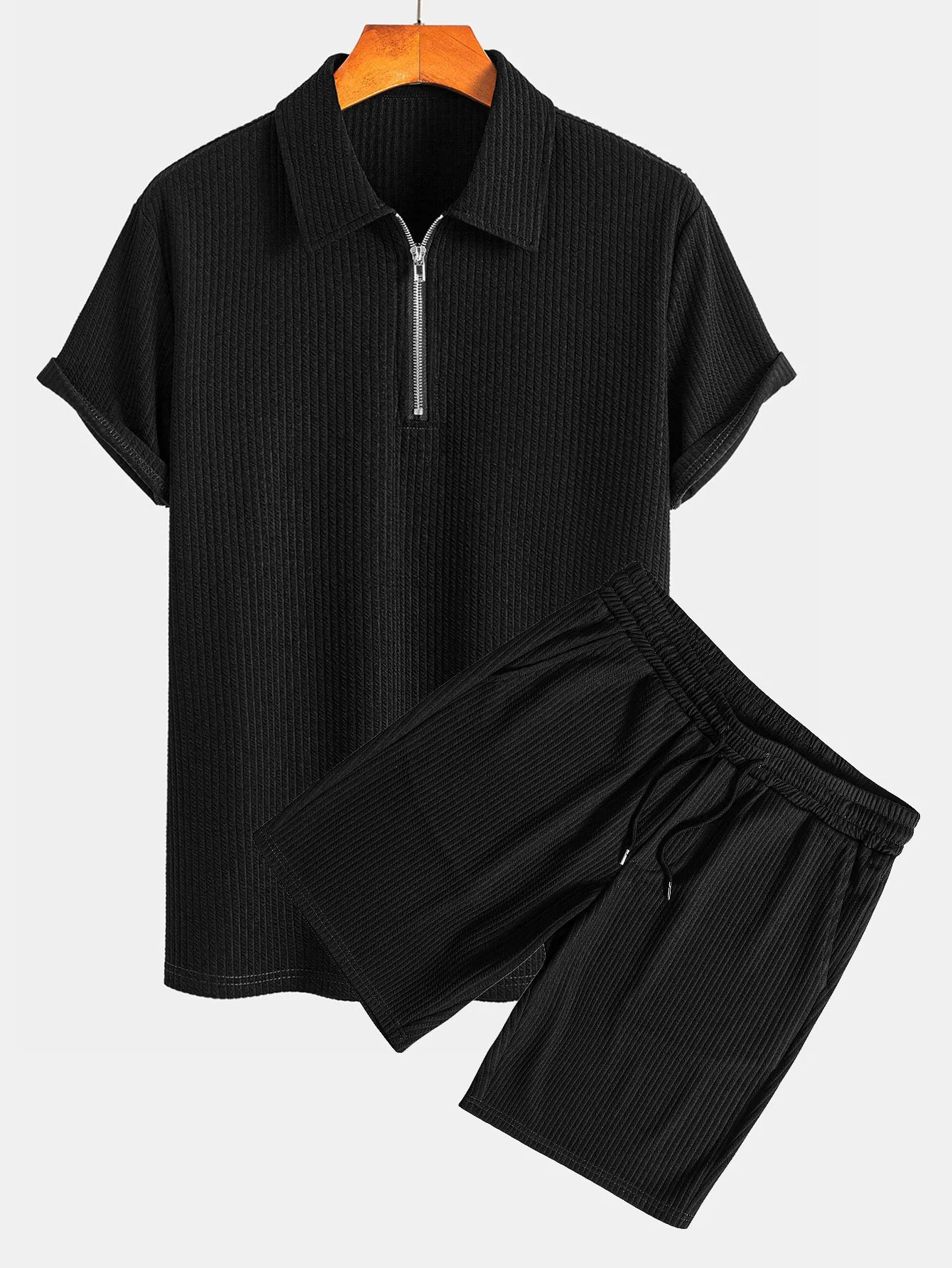 Muscle Fit Ripp-Polo mit halbem Reißverschluss & Shorts - Image 2