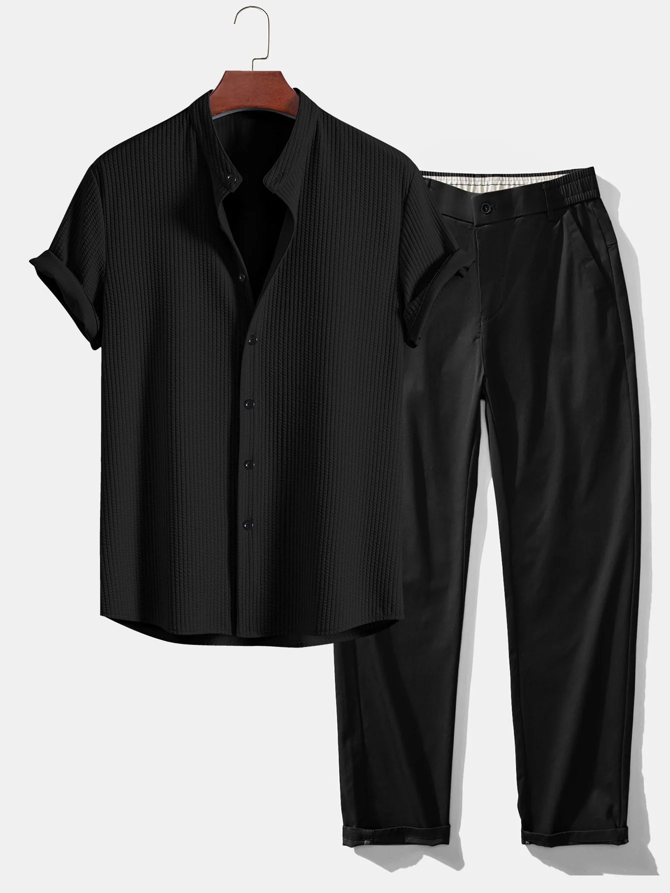 Muskelbetontes Rippen-Stehkragenhemd & Elastische Taille Gerade Bein Hose