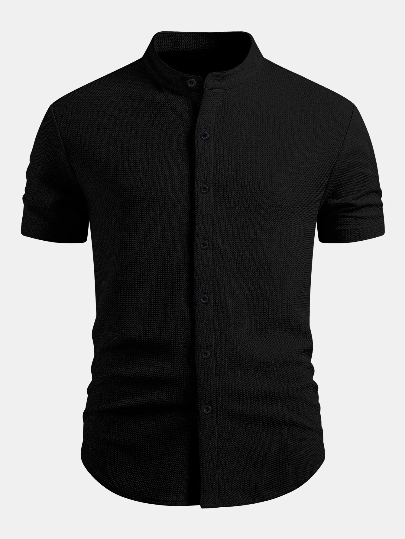 Muscle Fit Textured Stand Collar Shirt - Image 3