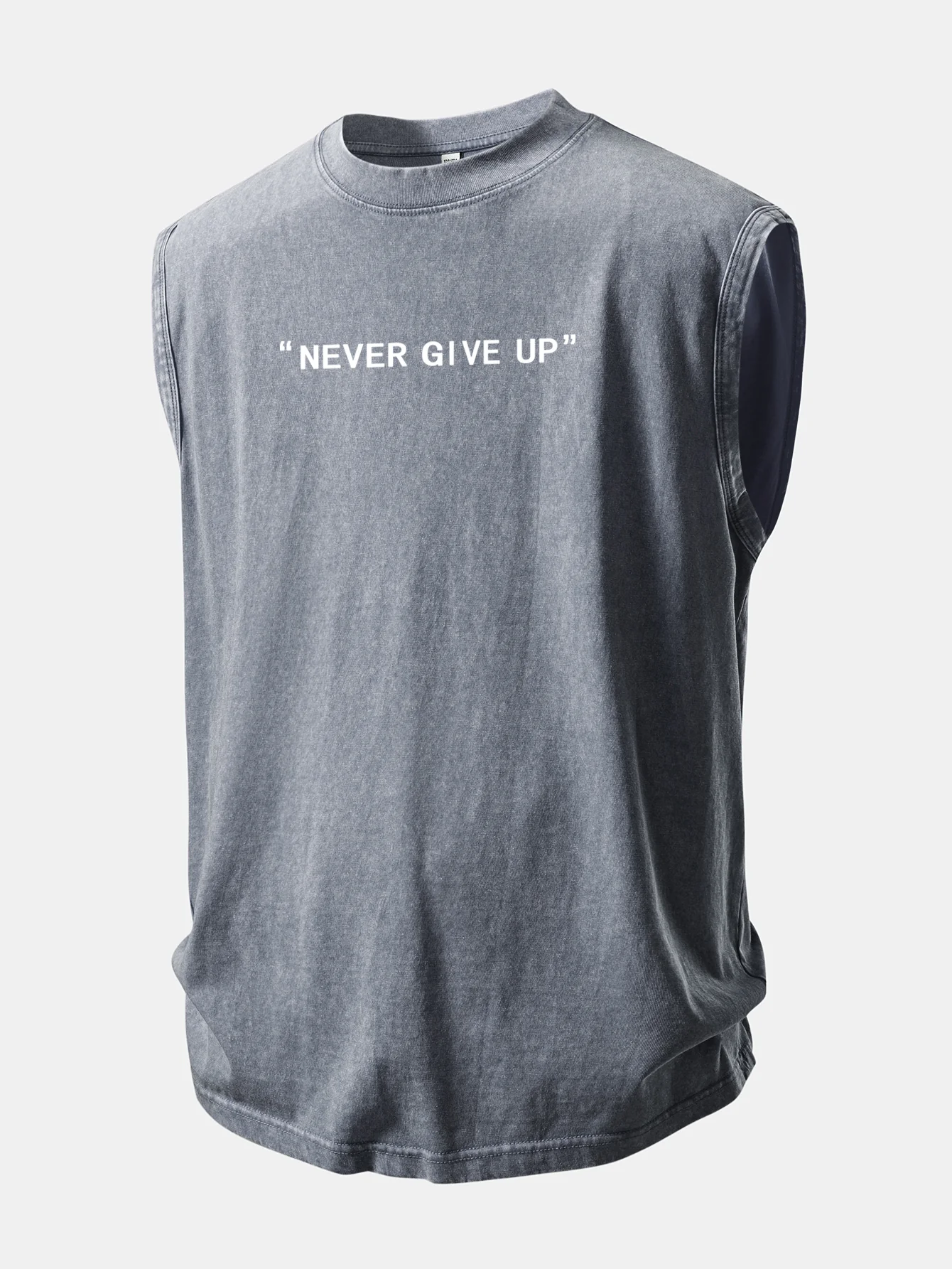 Never Give Up Print Washed Distressed Tank Top - Image 3