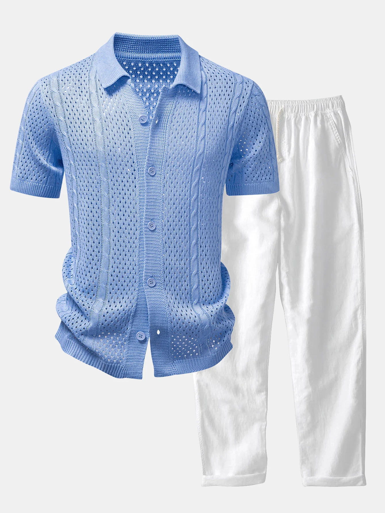 Open Knit Shirt & Straight Leg Linen Pants