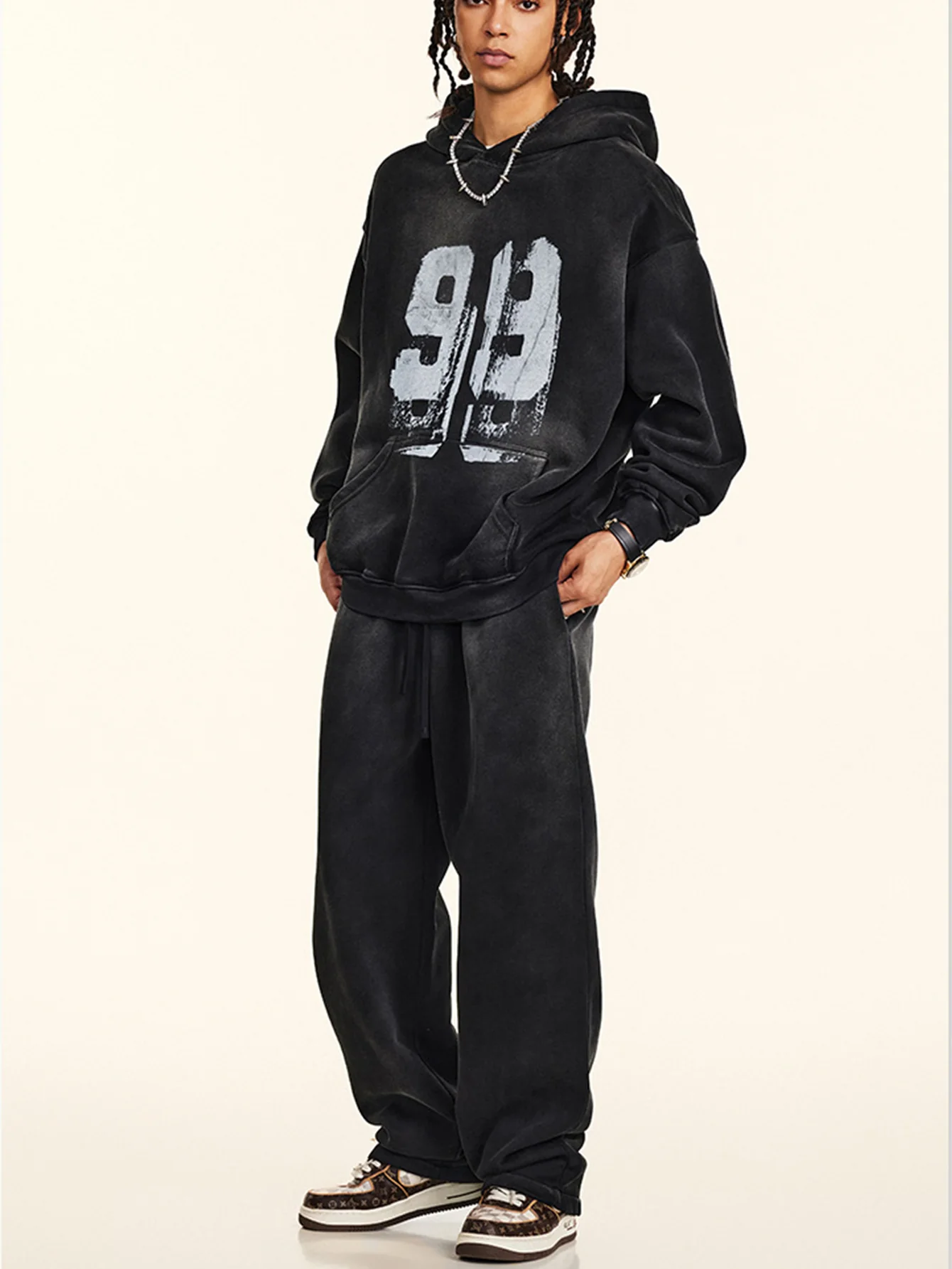 Oversize Zahlenprint Gewaschener Abgenutzter Hoodie - Image 10