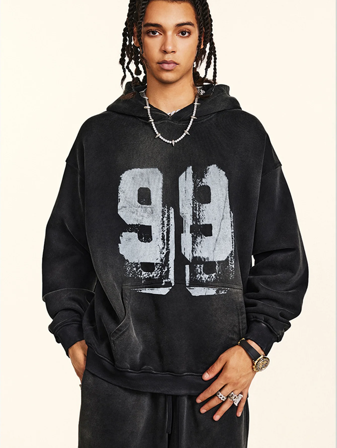 Oversize Zahlenprint Gewaschener Abgenutzter Hoodie - Image 11