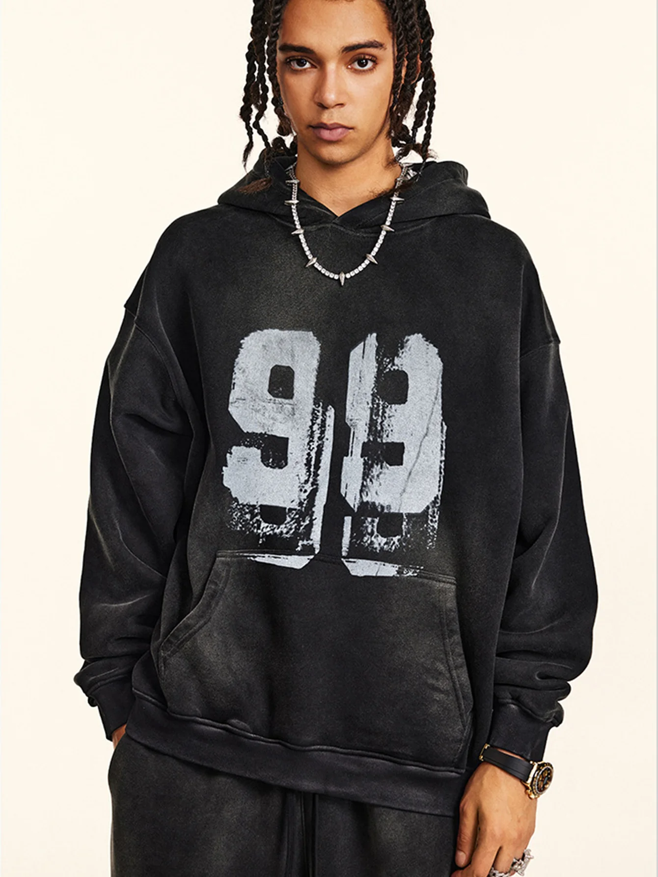 Oversize Zahlenprint Gewaschener Abgenutzter Hoodie - Image 12