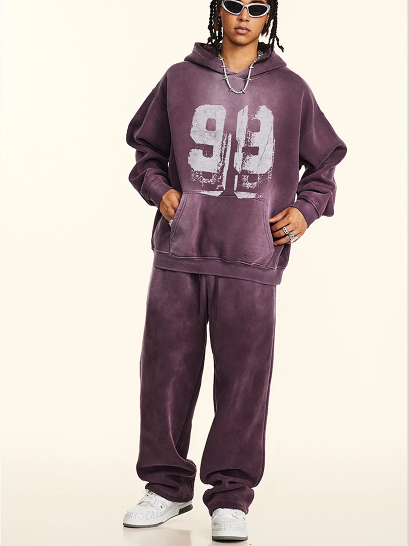 Oversize Zahlenprint Gewaschener Abgenutzter Hoodie - Image 5