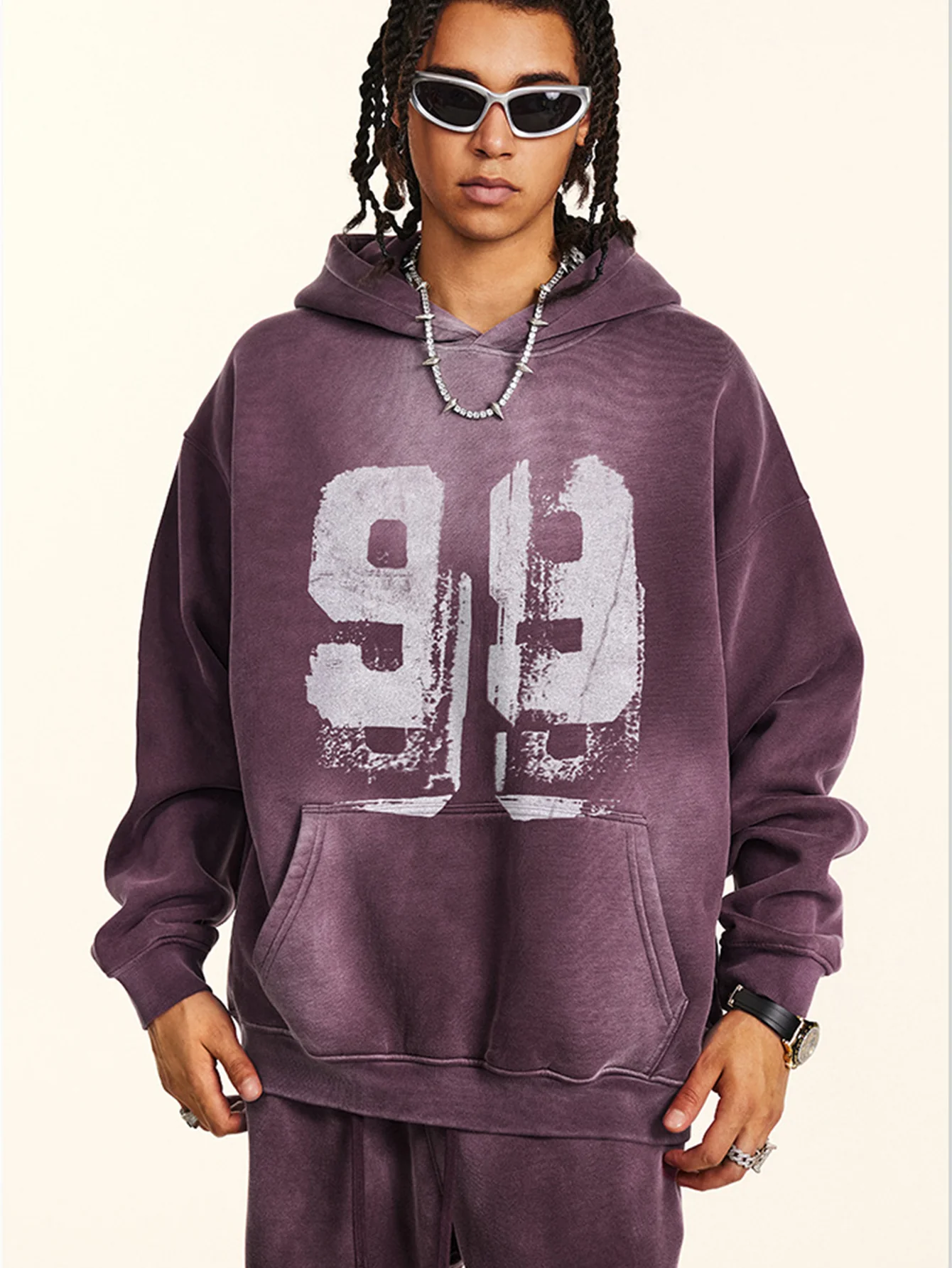 Oversize Zahlenprint Gewaschener Abgenutzter Hoodie - Image 6