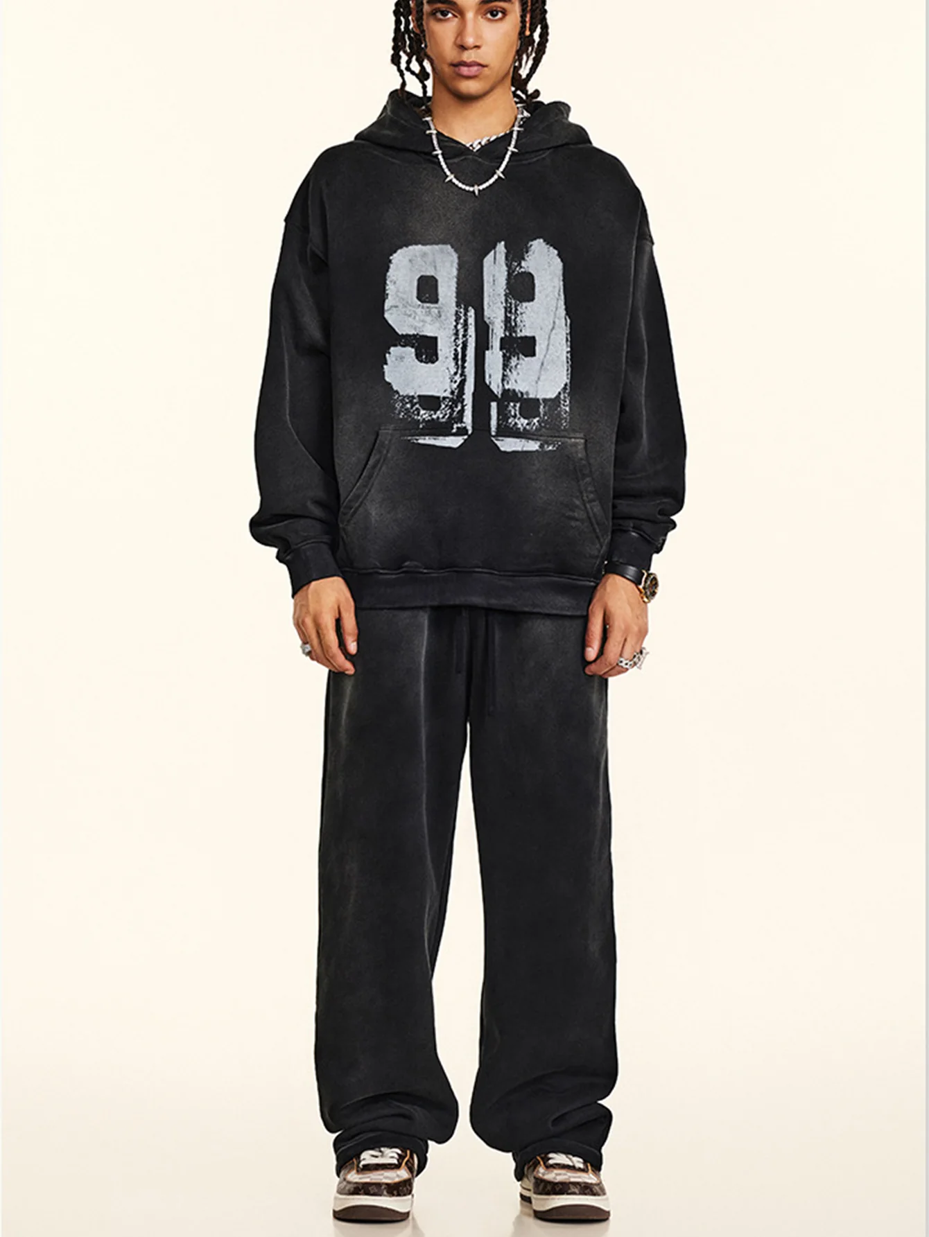 Oversize Zahlenprint Gewaschener Abgenutzter Hoodie - Image 9