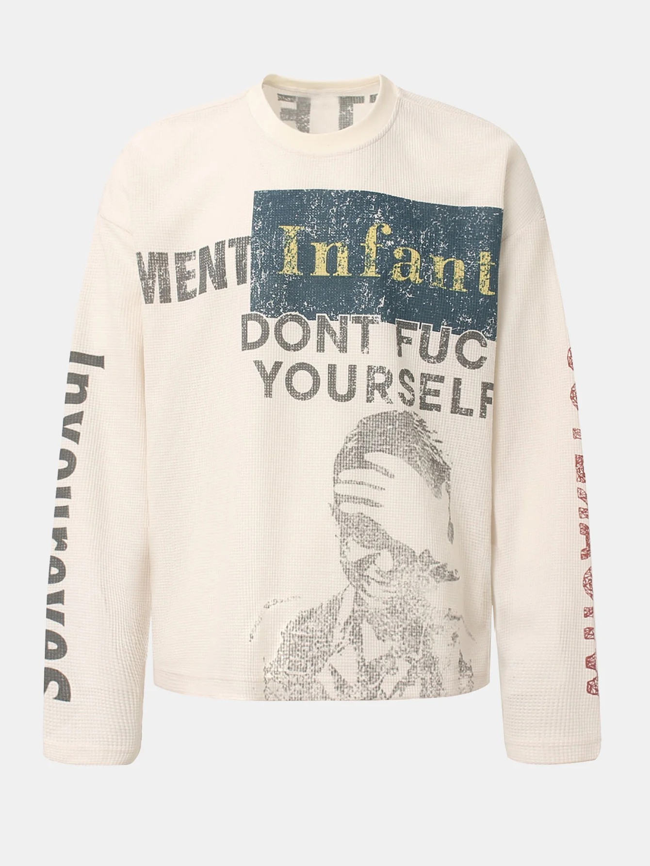 Oversize Portrait Slogan Druck Waffel T-Shirt