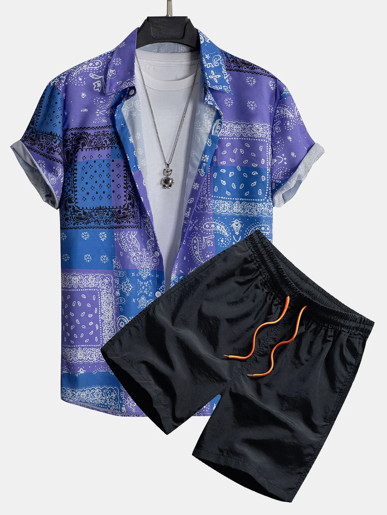 Paisley-Bandana-Druck Hemd mit Knopfleiste #Zufälliges Mustersdesign# & Badehose