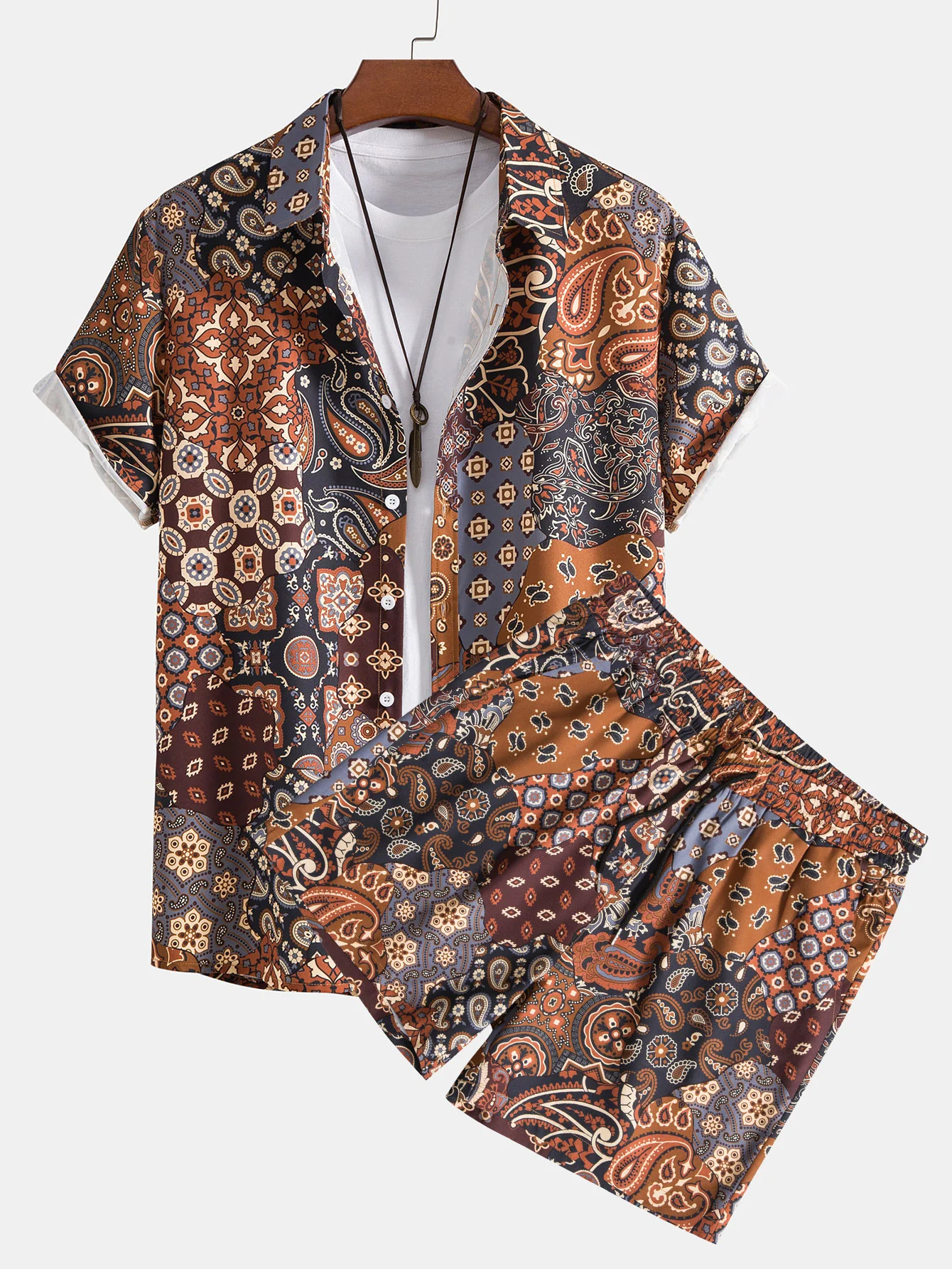 Paisley-Patchwork-Druck Hemd mit Knöpfen & Shorts