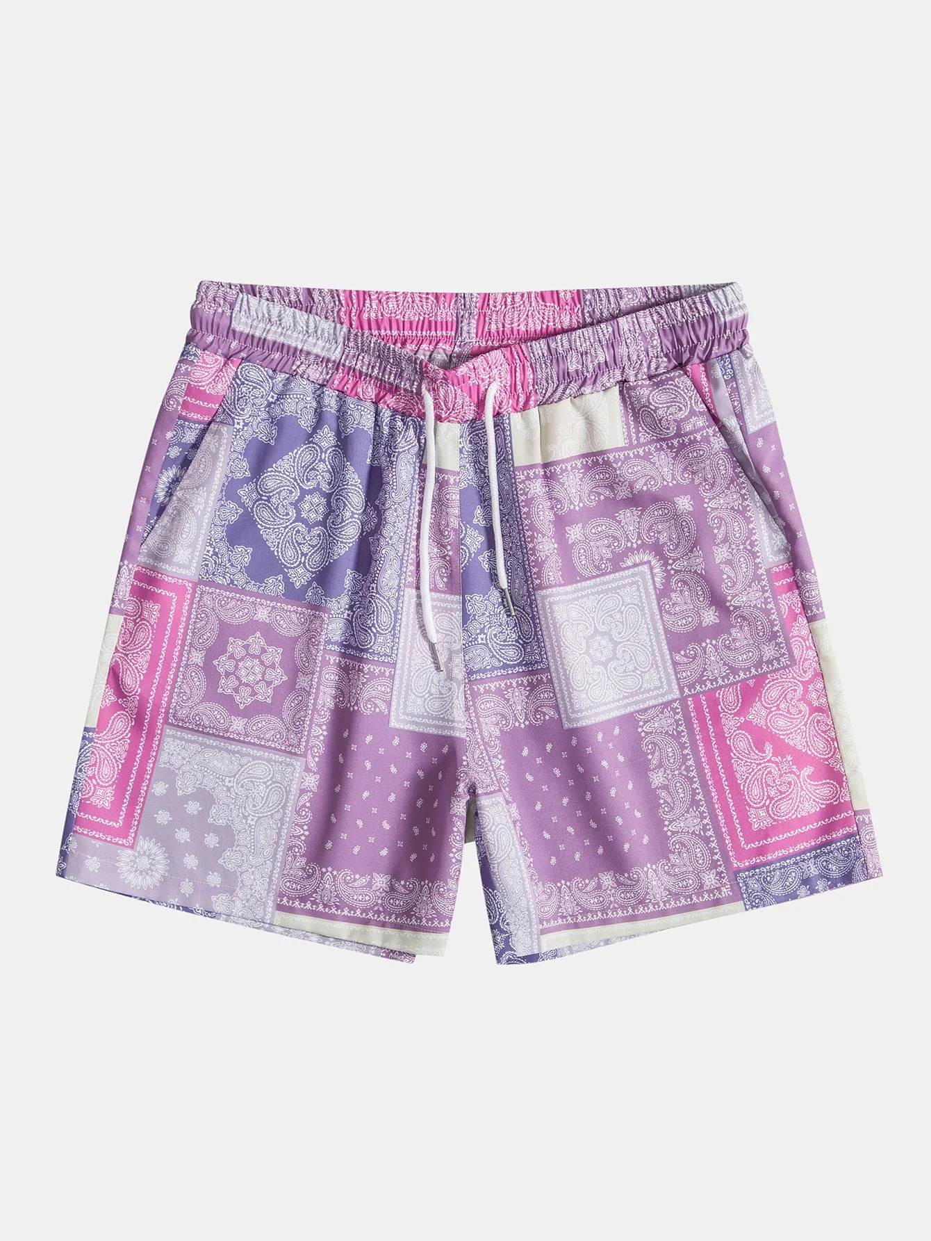 Paisley-Patchwork-Print-Drawstring-Shorts