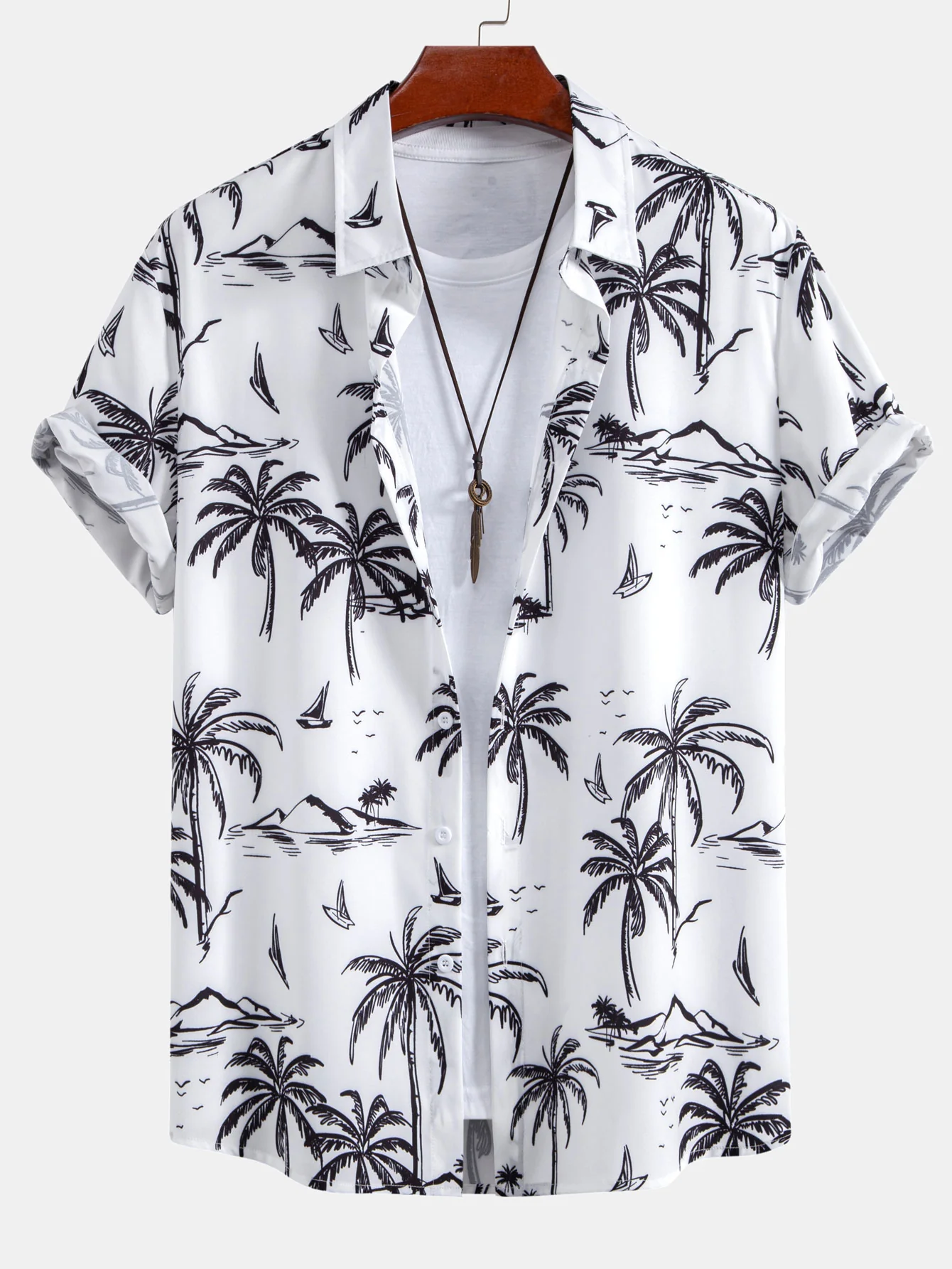Palm Tree Island Print Hemd mit Knopfleiste & gestreifte Badehose mit Print - Image 2