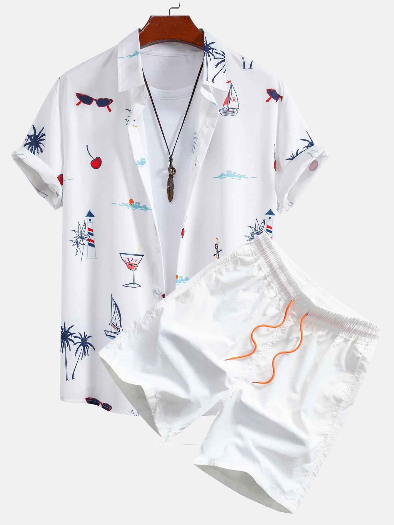 Palm Tree Nautical Print Hemd mit Knöpfen & Badeshorts mit Kordelzug - Image 2