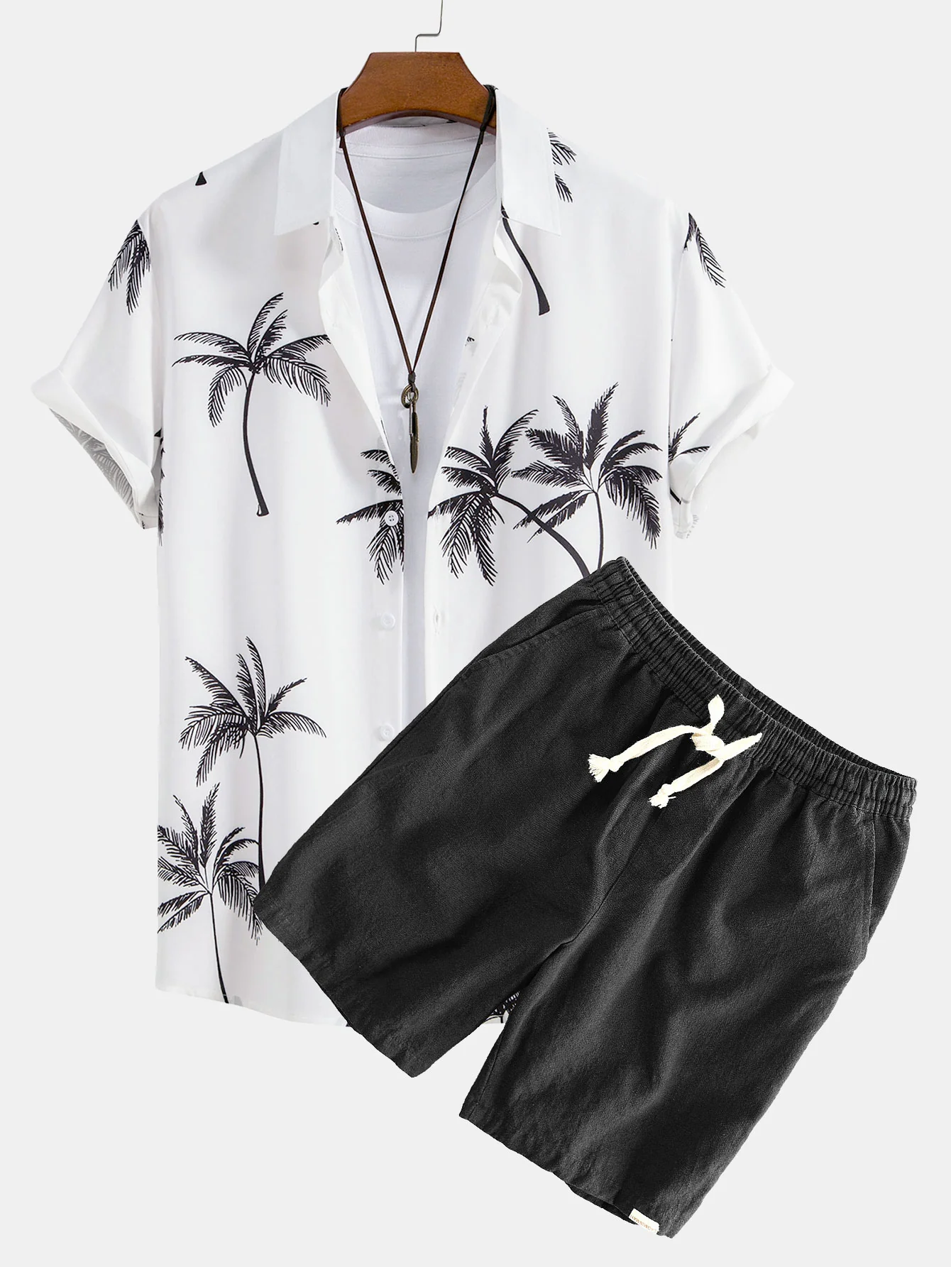 Palmbaum-Print Button-Up-Hemd & Leinen-Baumwoll-Mischung mit Kordelzug-Shorts - Image 2