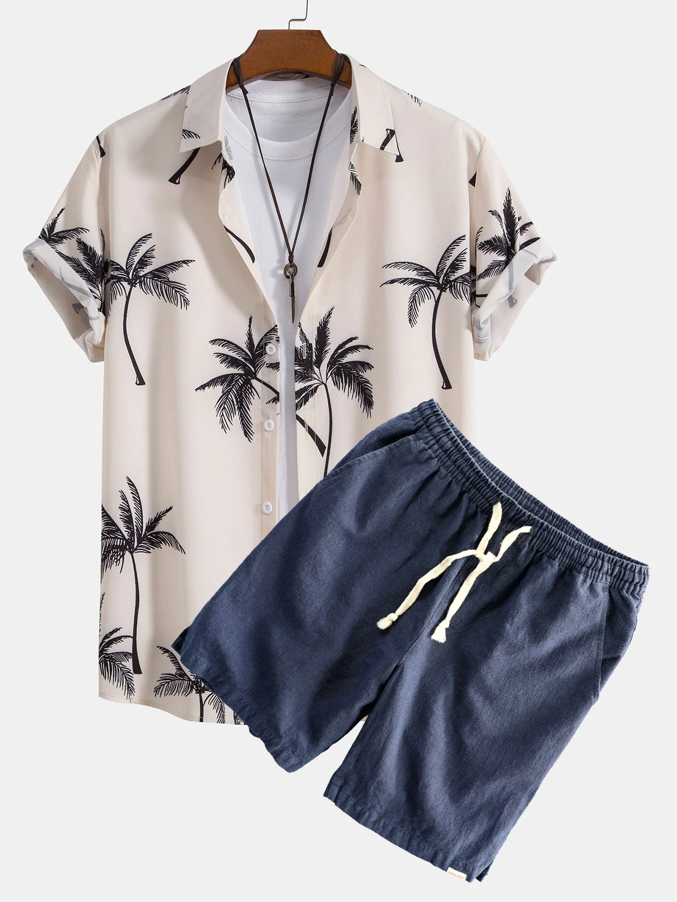 Palmbaum-Print Button-Up-Hemd & Leinen-Baumwoll-Mischung mit Kordelzug-Shorts - Image 3