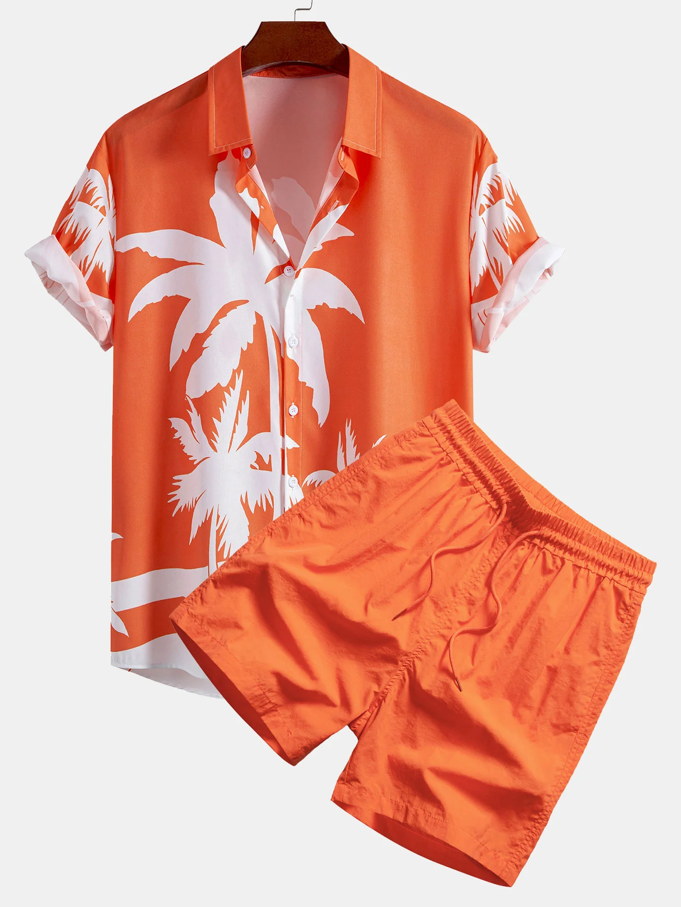 Palmbaum-Print Button-Up-Hemd & Herren Mid-Length Drawstring-Badehose