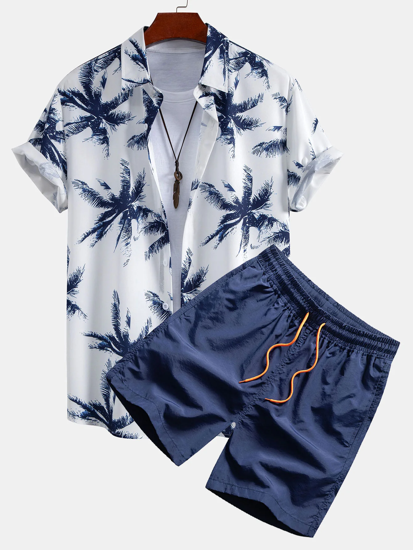 Palmbaum-Print Button-Up-Hemd & Herren Mid-Length Drawstring-Badehose