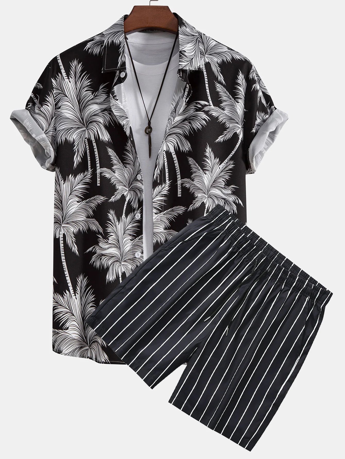 Palmbaum-Print Hemd mit Knopfleiste & gestreifte Badeshorts - Image 2