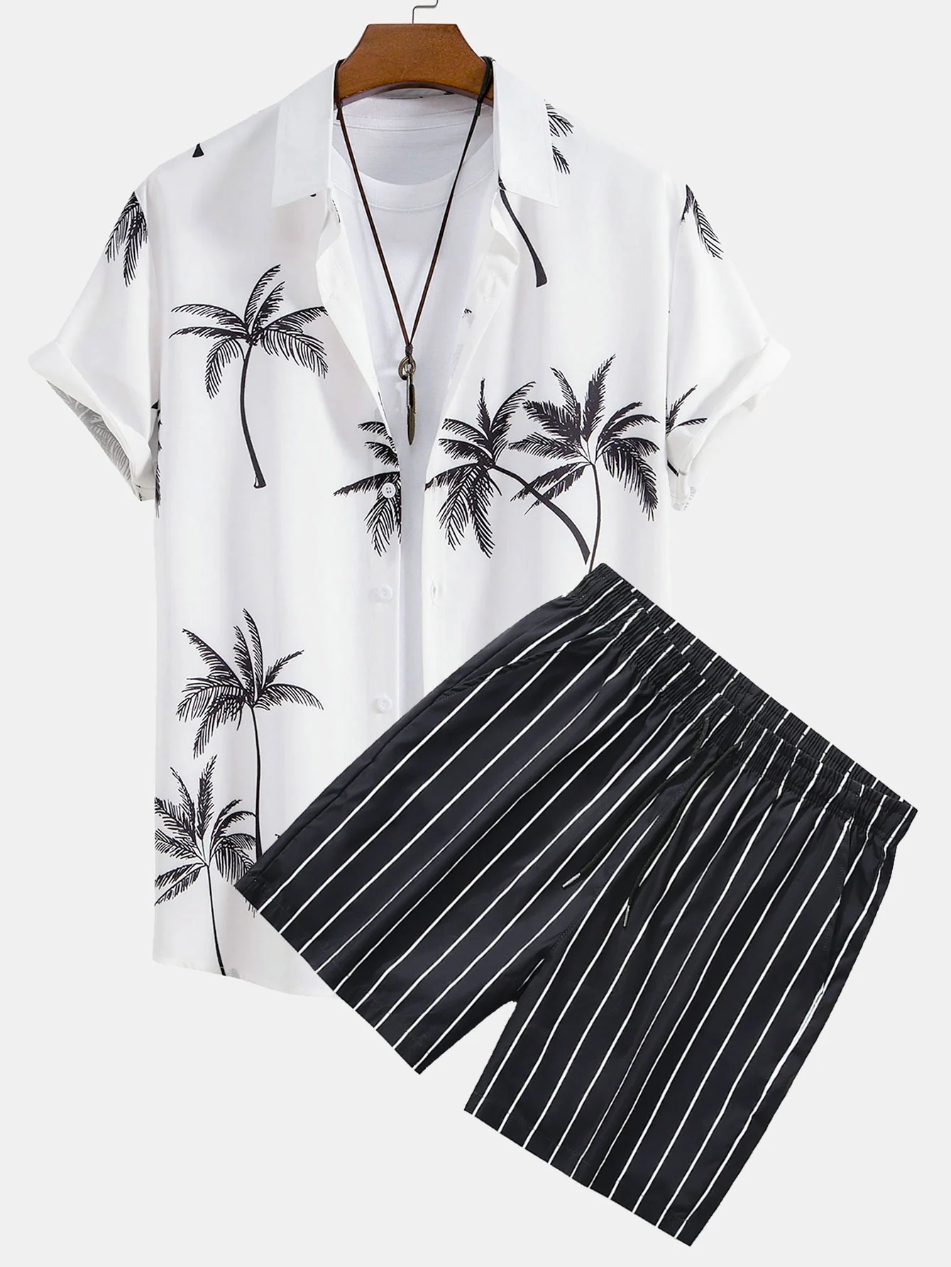 Palmbaum-Print Hemd mit Knopfleiste & gestreifte Badeshorts
