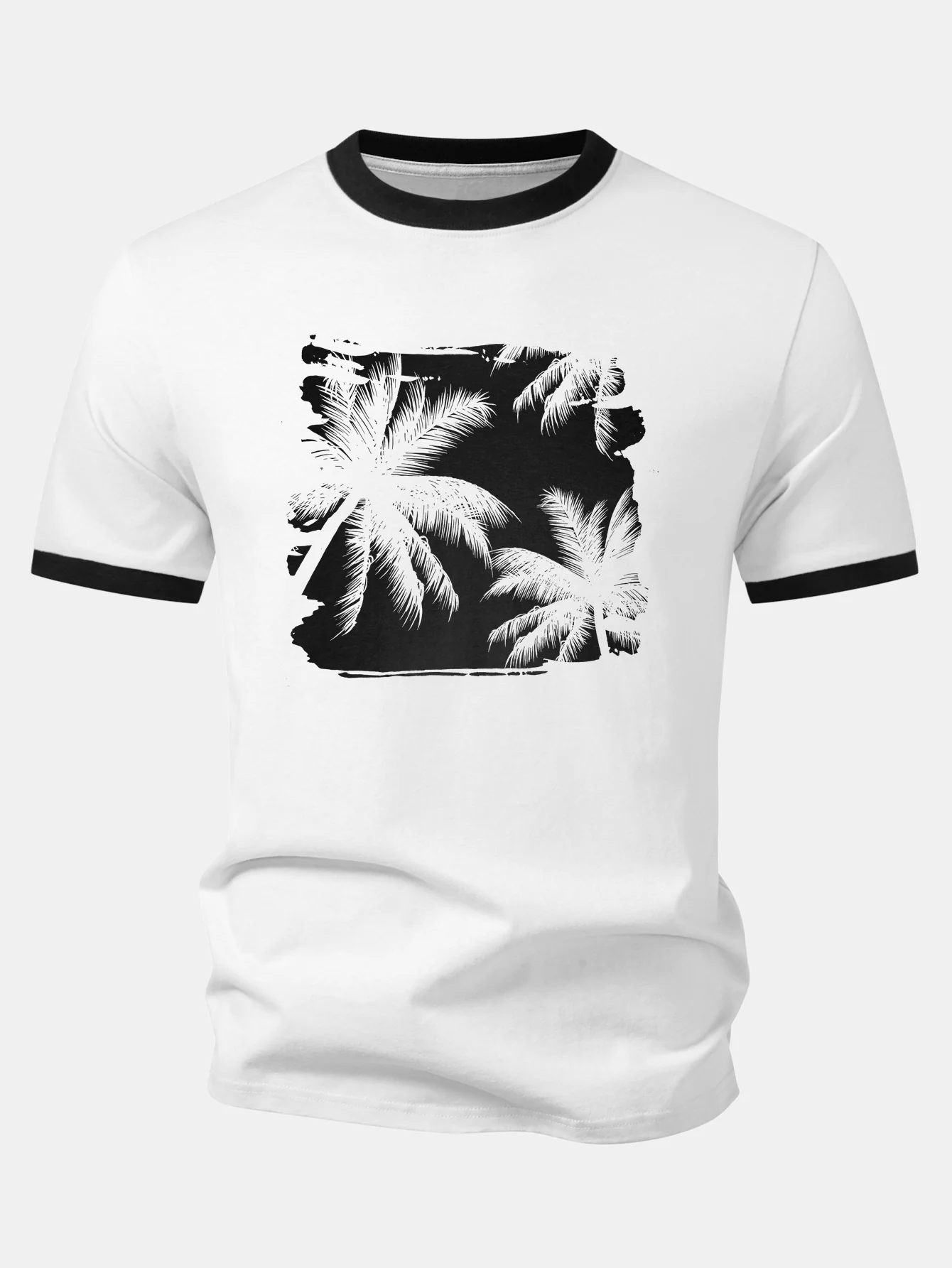 Palm Tree Print Contrast Ringer T-Shirt - Image 3