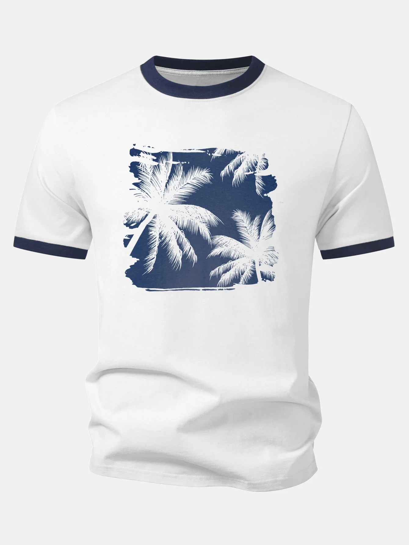 Palm Tree Print Contrast Ringer T-Shirt - Image 4