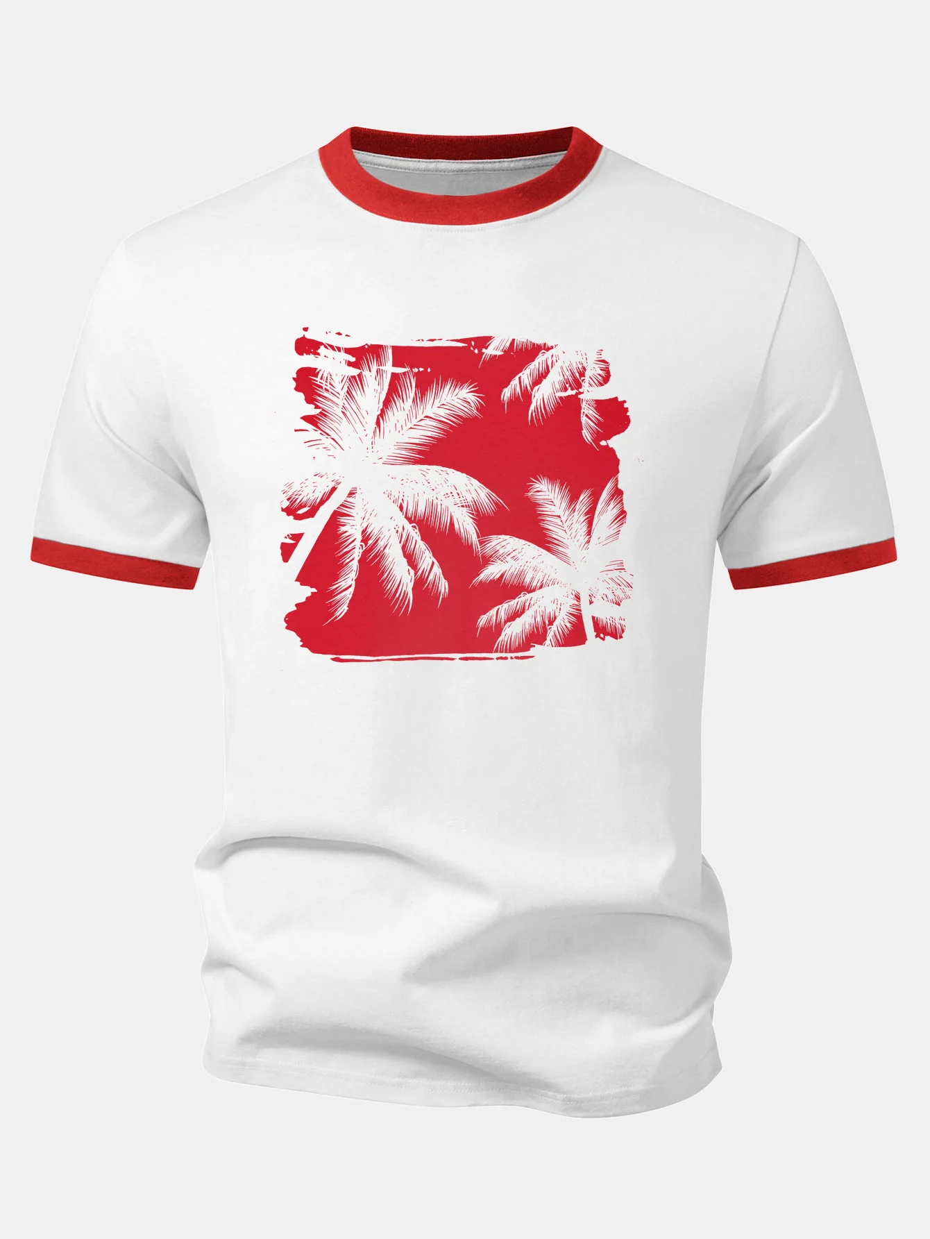 Palm Tree Print Contrast Ringer T-Shirt - Image 5