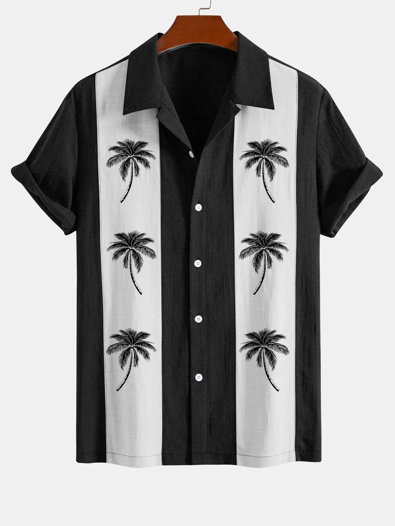 Palmbaum-Print Leinenlook Patchwork Bowlinghemd