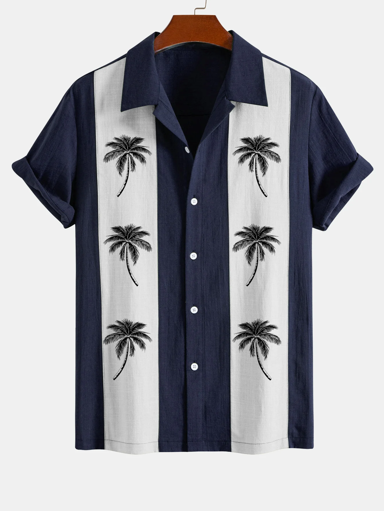 Palmbaum-Print Leinenlook Patchwork Bowlinghemd - Image 3