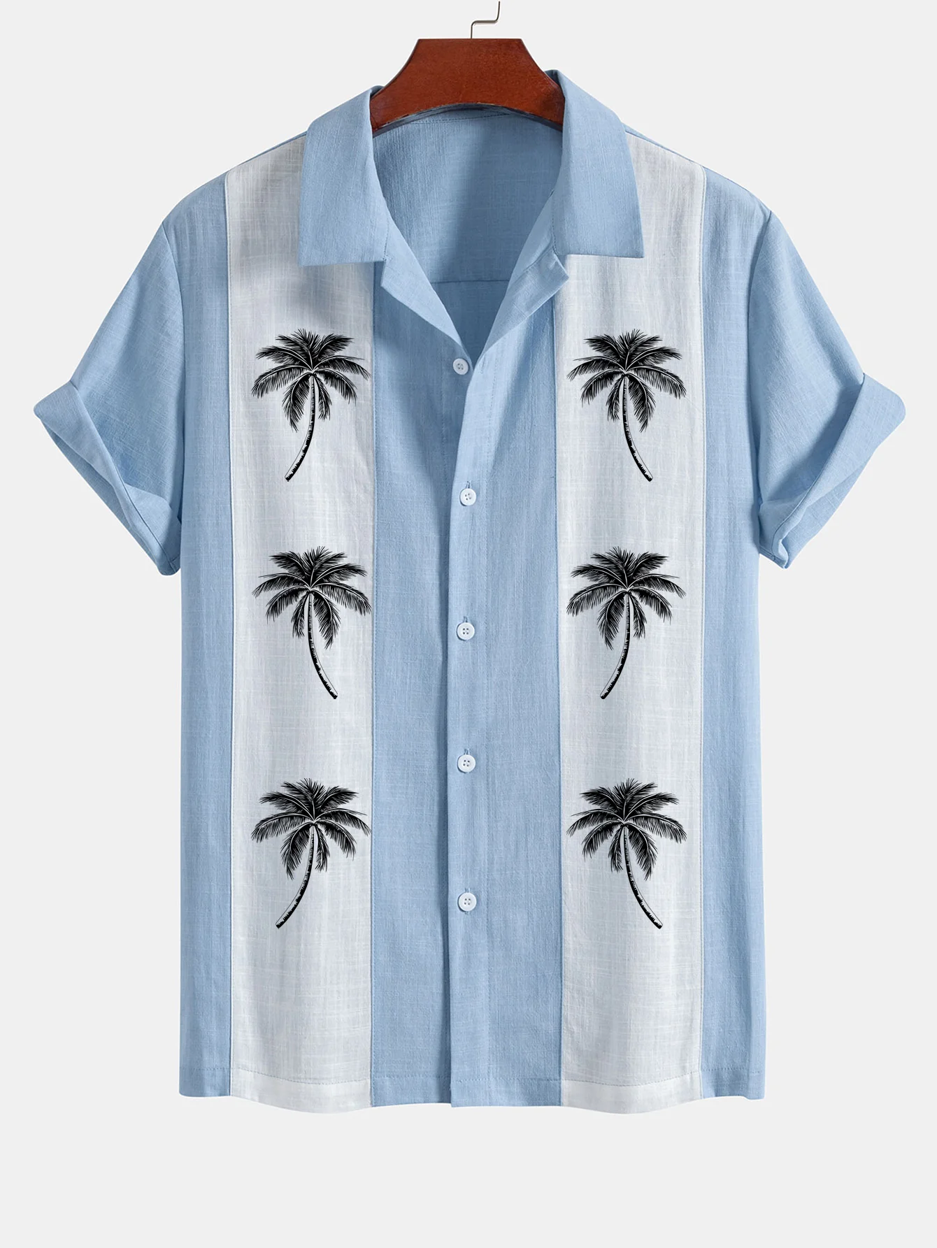 Palmbaum-Print Leinenlook Patchwork Bowlinghemd - Image 5