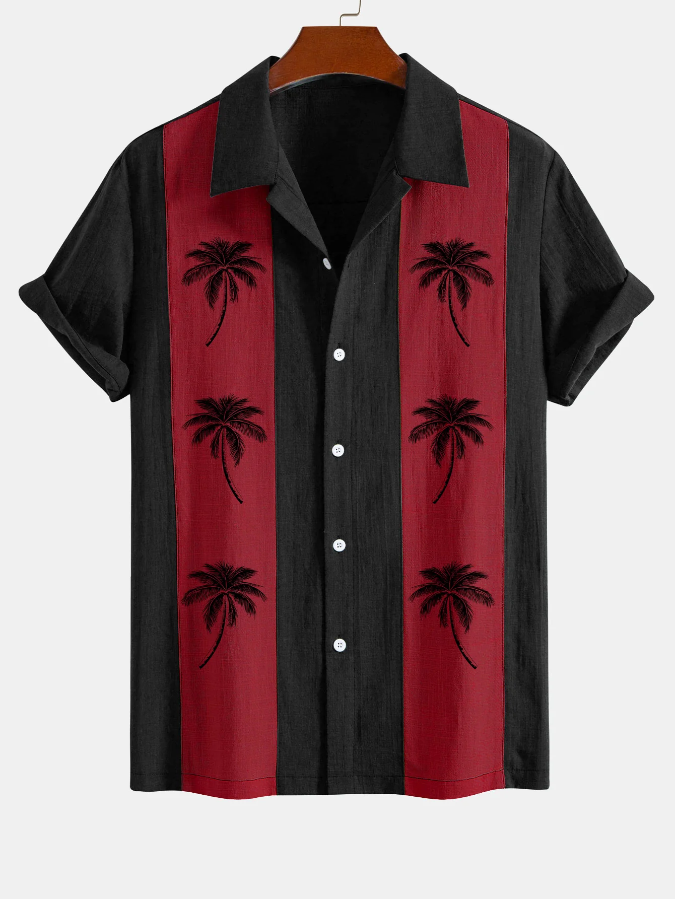 Palmbaum-Print Leinenlook Patchwork Bowlinghemd - Image 7