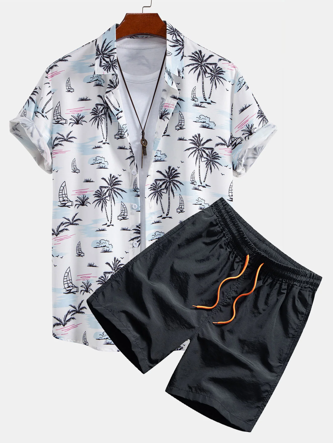 Palmbaum-Segelboot-Print Hemd mit Knopfleiste & Herren Badeshorts mit mittlerer Länge und Kordelzug