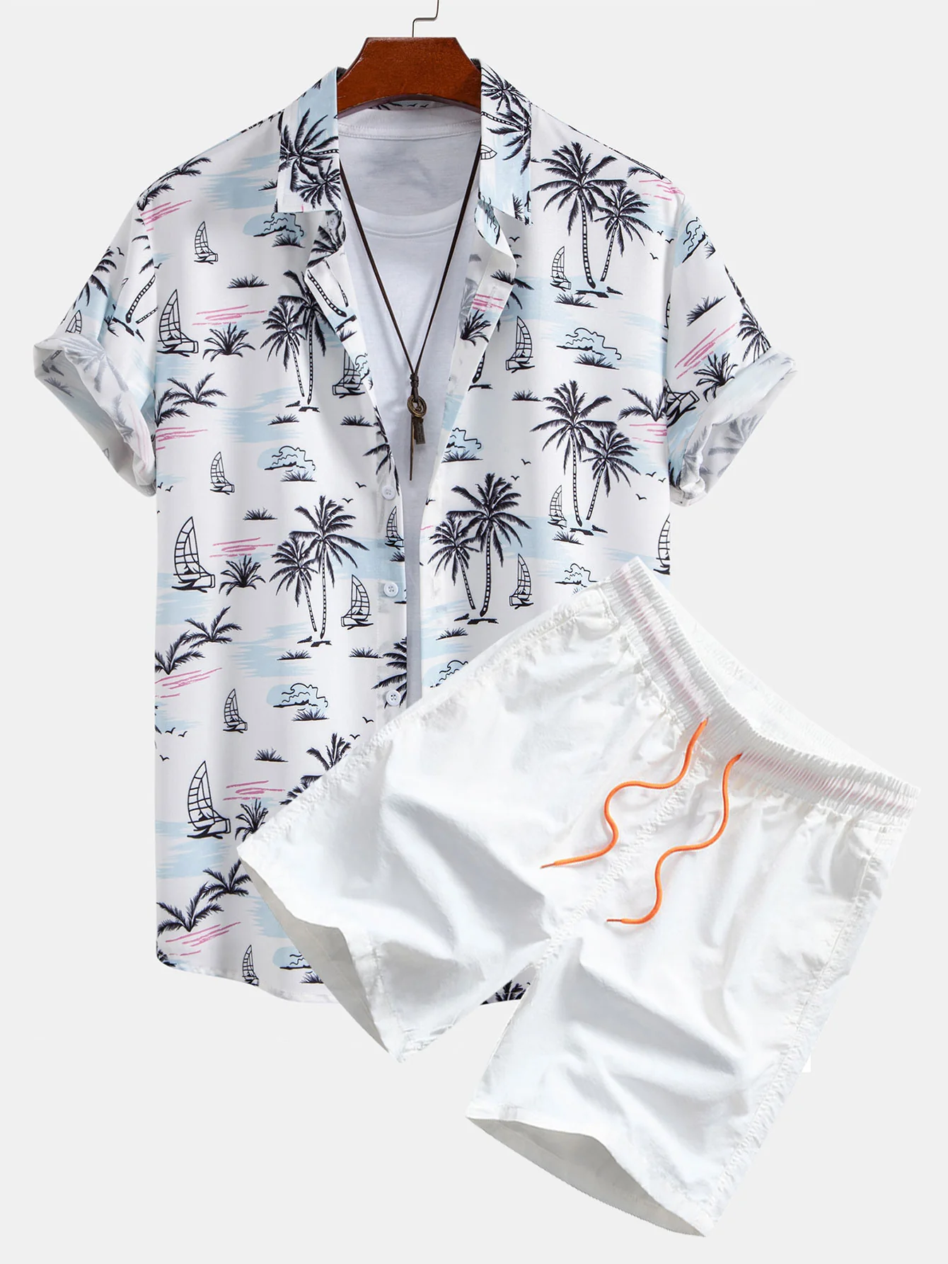 Palmbaum-Segelboot-Print Hemd mit Knopfleiste & Herren Badeshorts mit mittlerer Länge und Kordelzug - Image 2