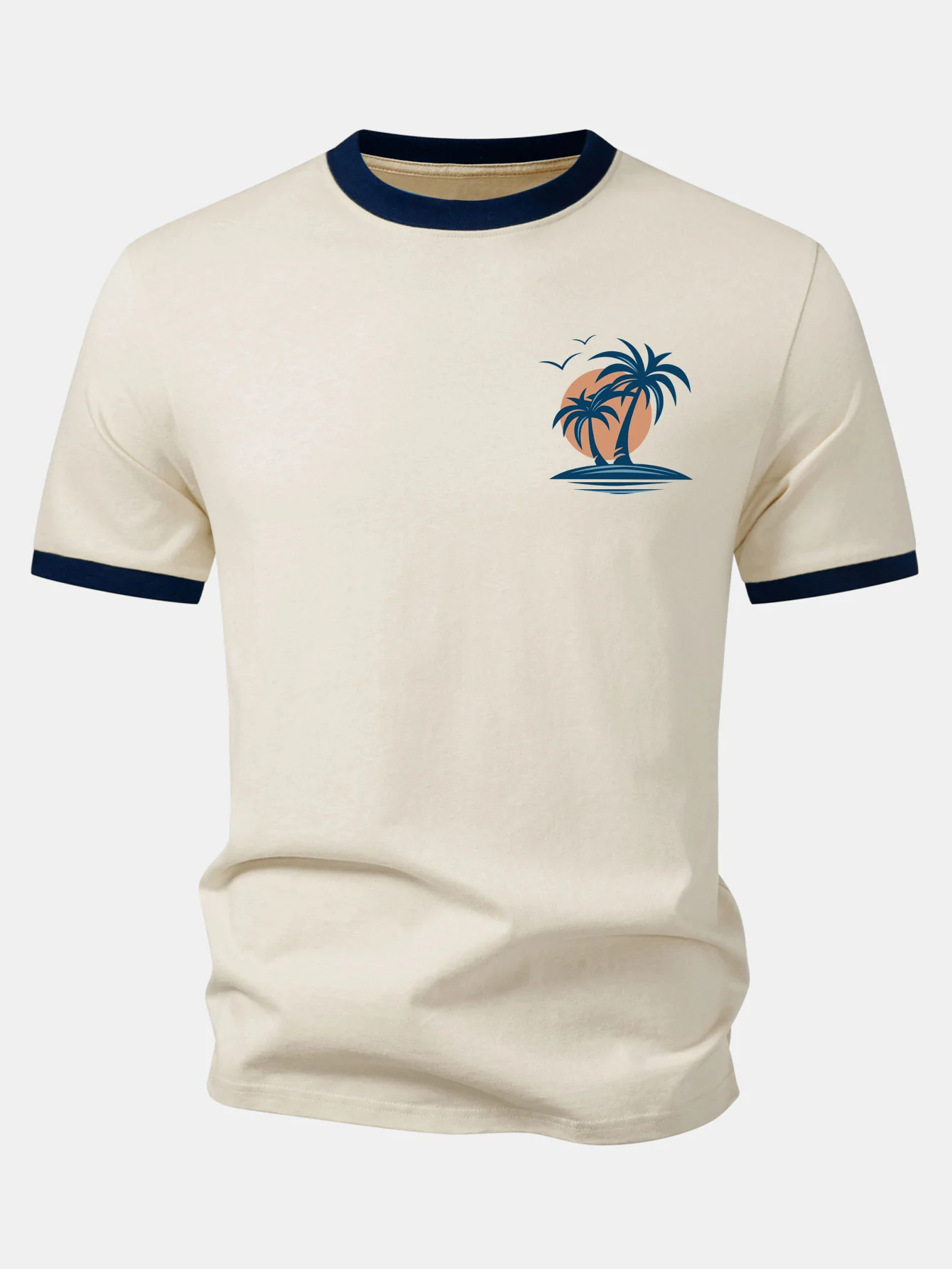 Palm Tree Seagull Print Contrast Ringer T-Shirt - Image 2