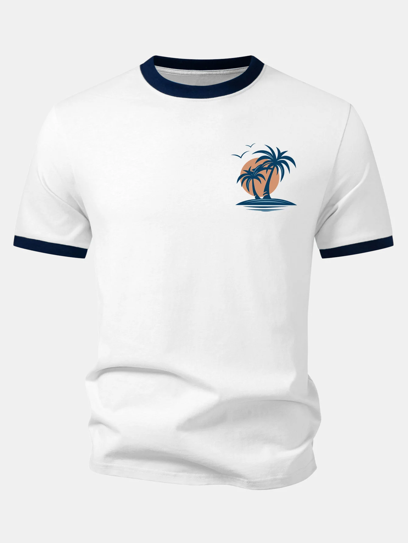 Palm Tree Seagull Print Contrast Ringer T-Shirt - Image 3