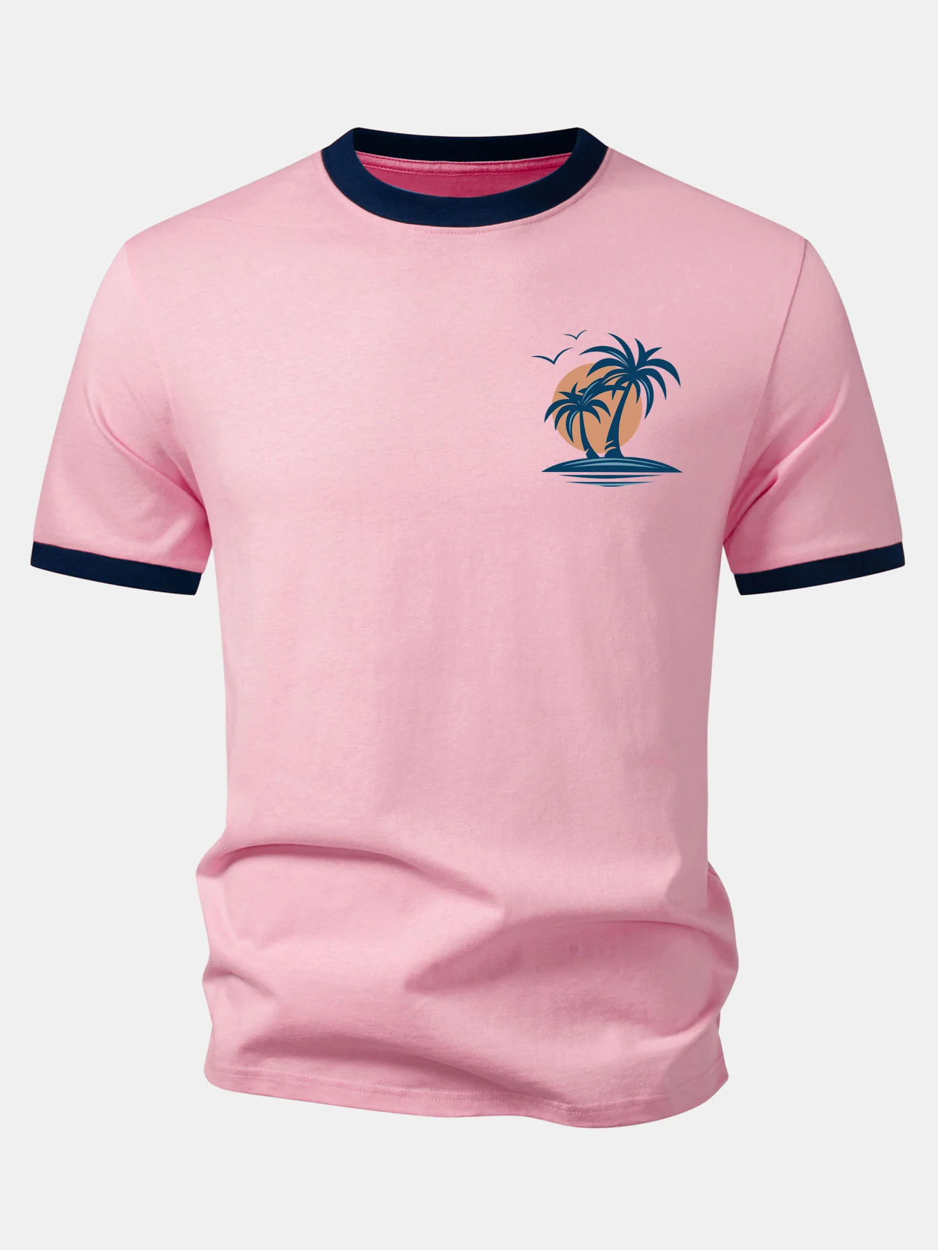 Palm Tree Seagull Print Contrast Ringer T-Shirt - Image 4