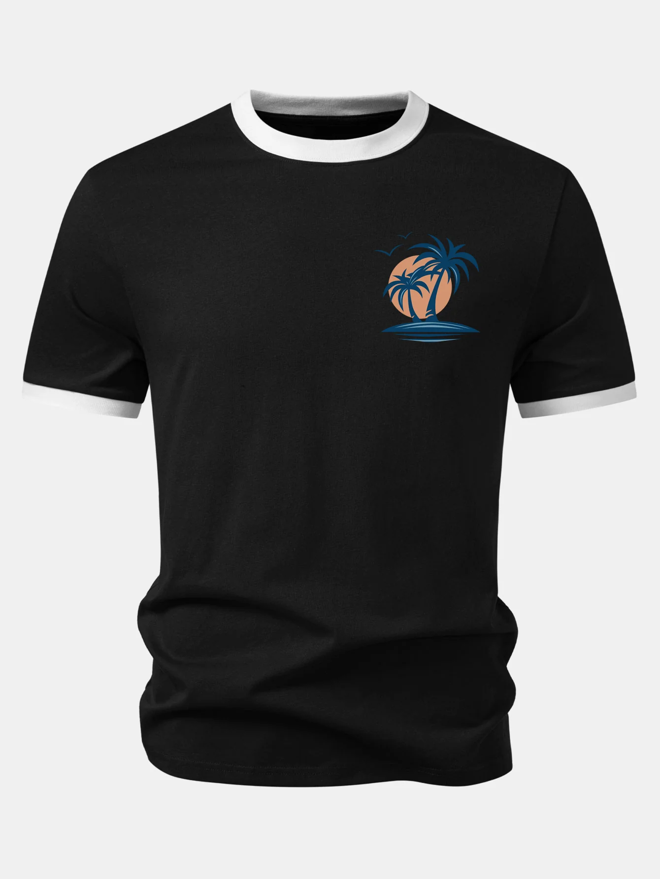 Palm Tree Seagull Print Contrast Ringer T-Shirt - Image 5