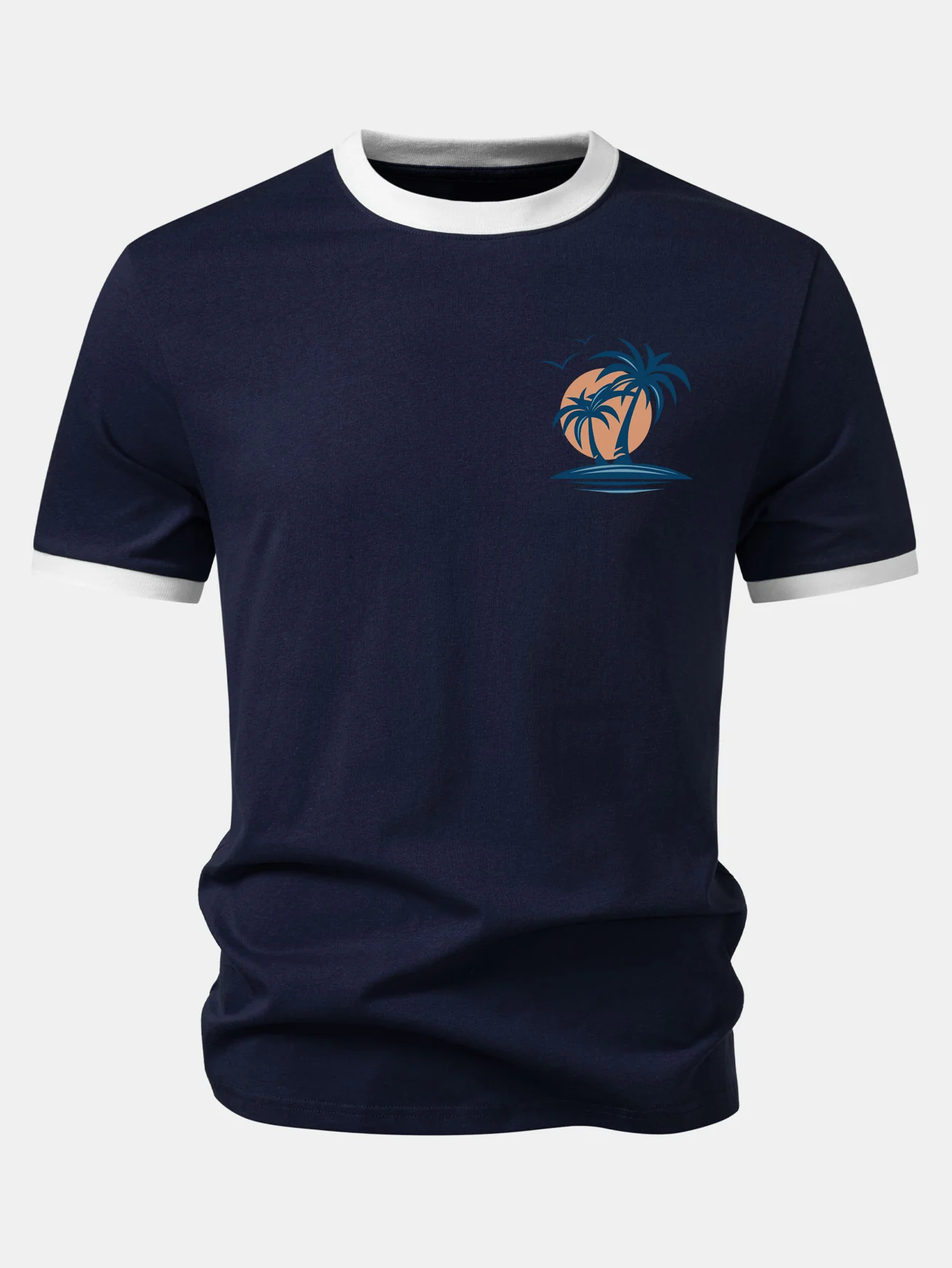 Palm Tree Seagull Print Contrast Ringer T-Shirt - Image 6