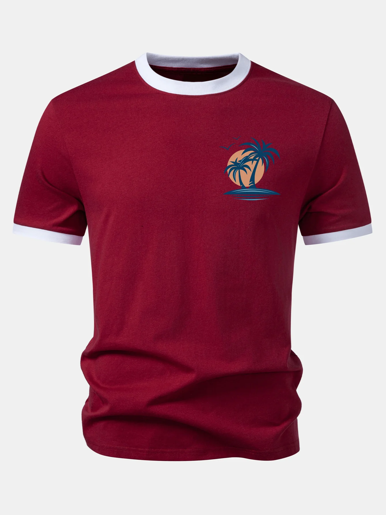 Palm Tree Seagull Print Contrast Ringer T-Shirt - Image 7