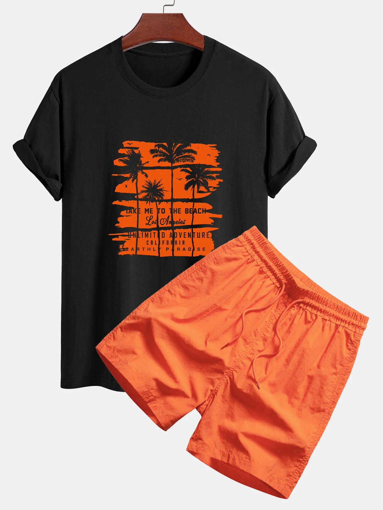Palmenbaum Silhouette Druck Baumwoll T-Shirt & Herren Mid-Länge Kordelzug Badehosen
