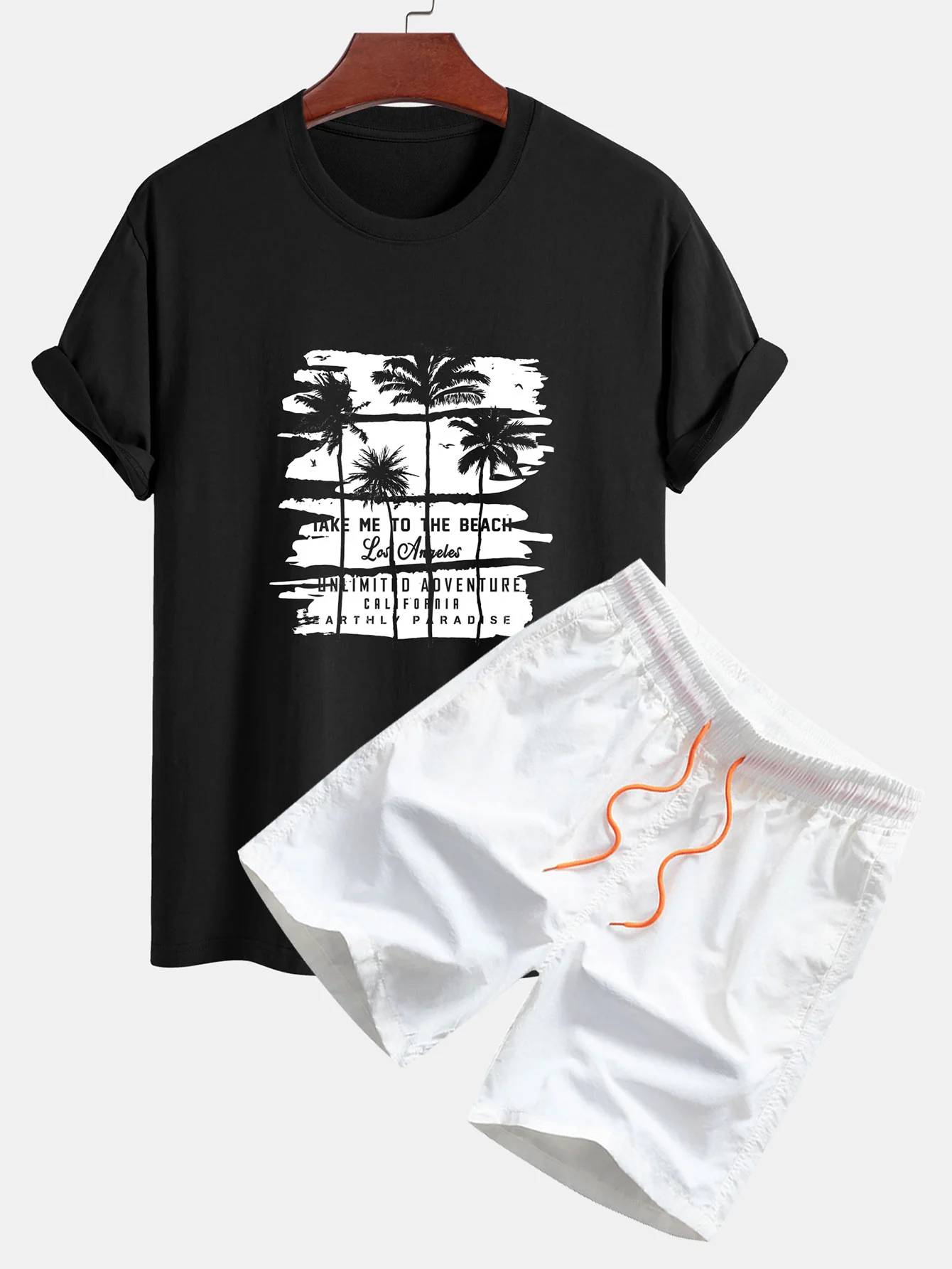 Palmenbaum Silhouette Druck Baumwoll T-Shirt & Herren Mid-Länge Kordelzug Badehosen - Image 4