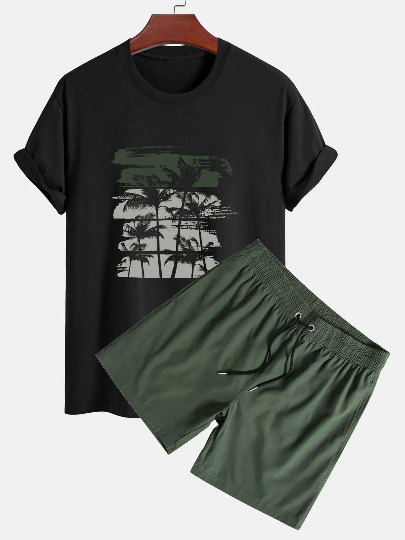 Palmenbaum-Silhouette Druck Baumwoll-T-Shirt & einfarbige Kordelzug-Badehosen - Image 2