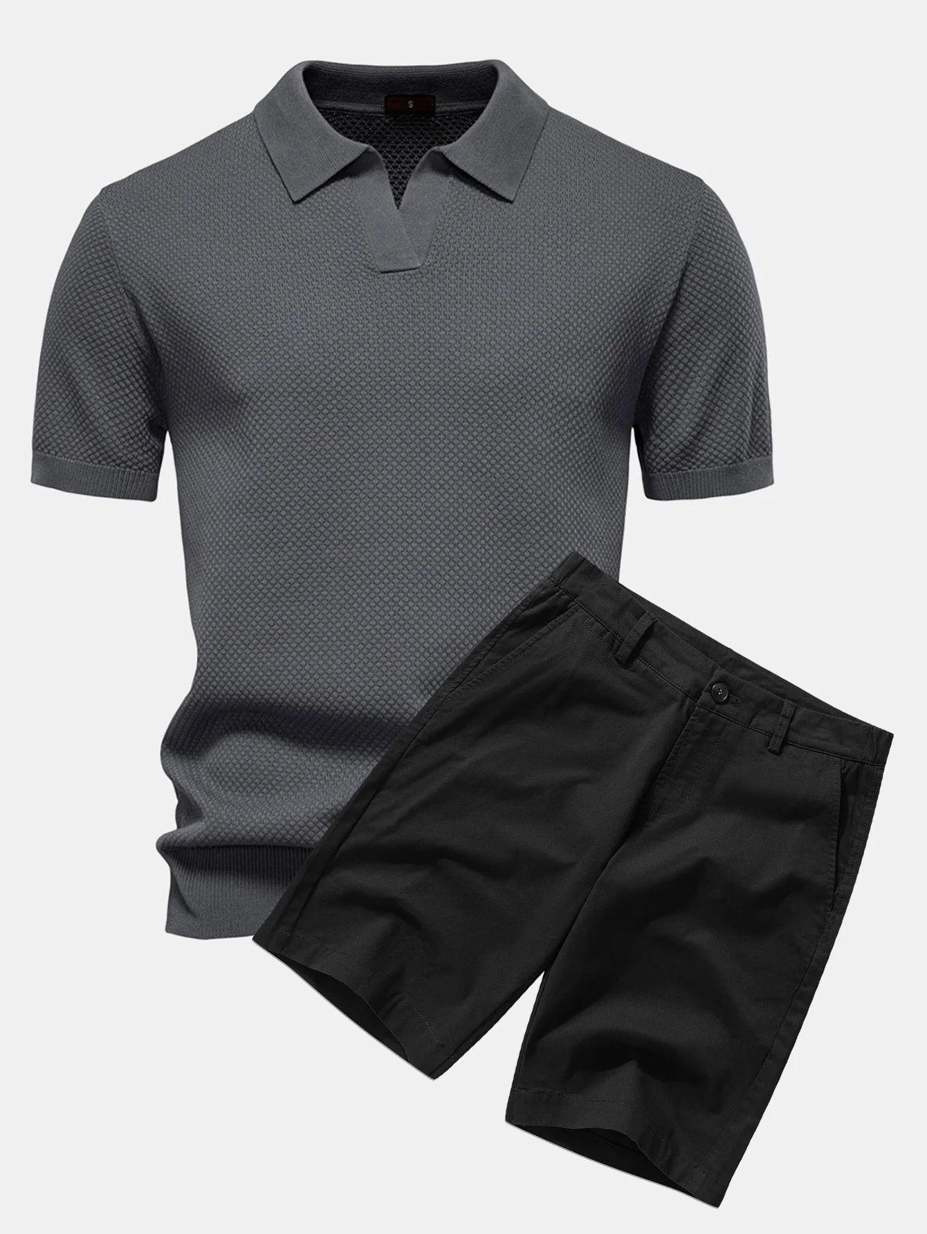 Ananasstruktur Strick V-Ausschnitt Poloshirts & Baumwoll Chino Shorts - Image 3