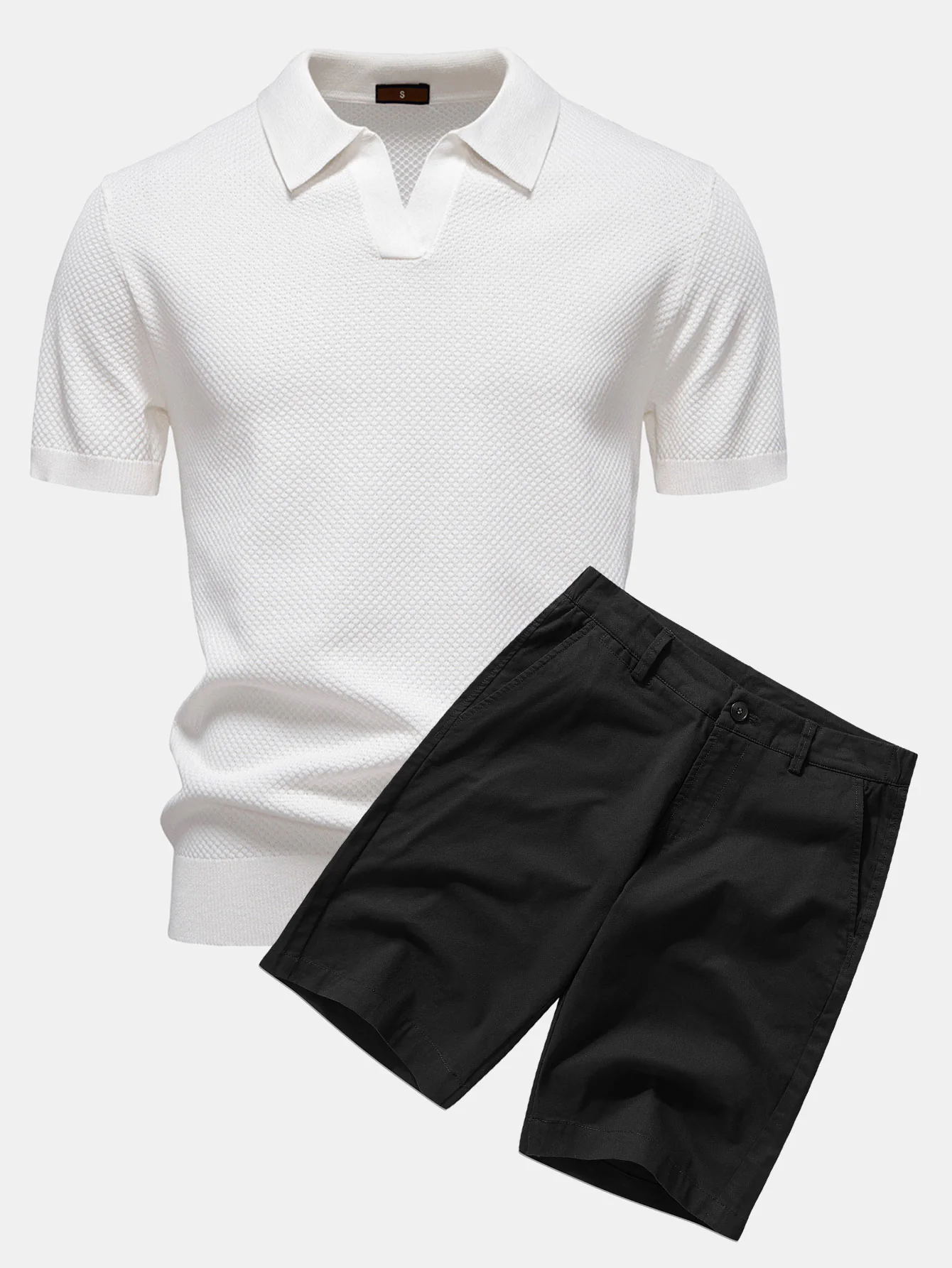 Ananasstruktur Strick V-Ausschnitt Poloshirts & Baumwoll Chino Shorts - Image 4