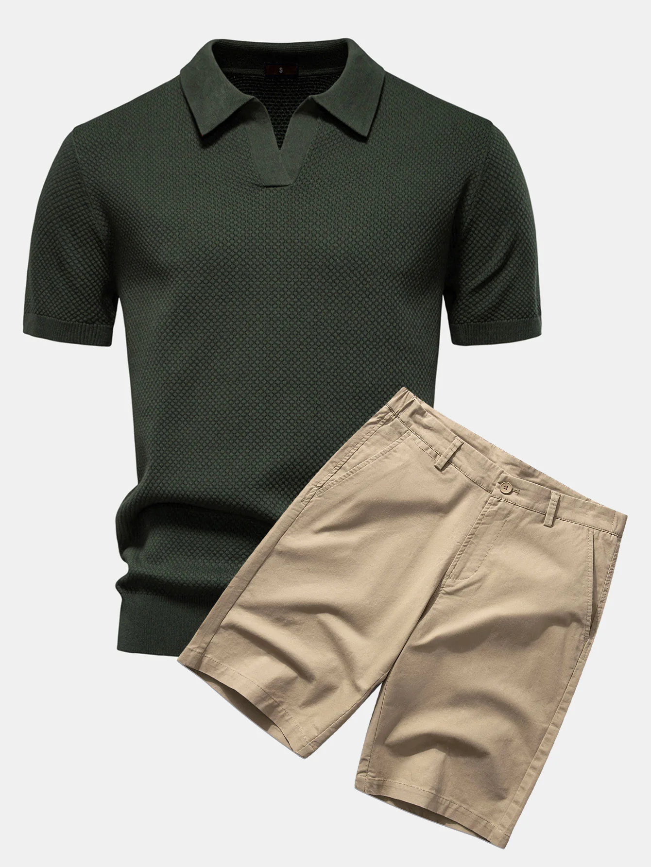 Ananasstruktur Strick V-Ausschnitt Poloshirts & Baumwoll Chino Shorts - Image 5