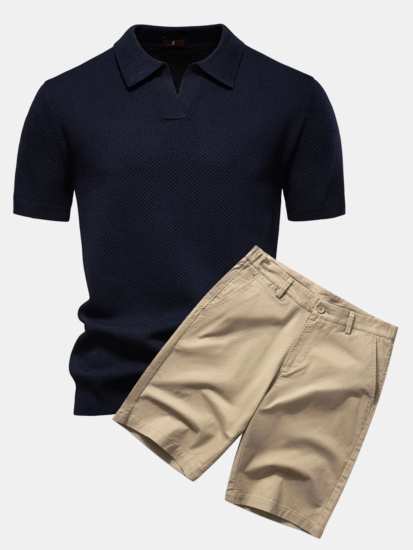 Ananasstruktur Strick V-Ausschnitt Poloshirts & Baumwoll Chino Shorts - Image 6