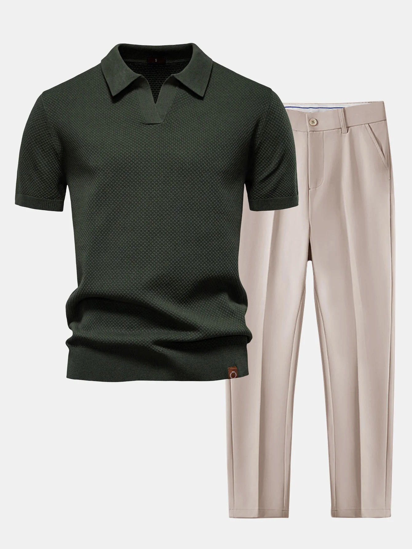 Ananasstruktur Strick V-Ausschnitt Poloshirts & Schlanke, Verjüngte Hose - Image 2
