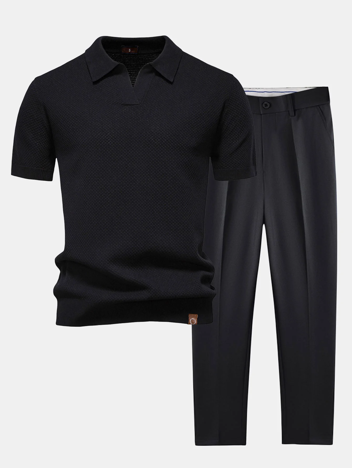 Ananasstruktur Strick V-Ausschnitt Poloshirts & Schlanke, Verjüngte Hose - Image 3