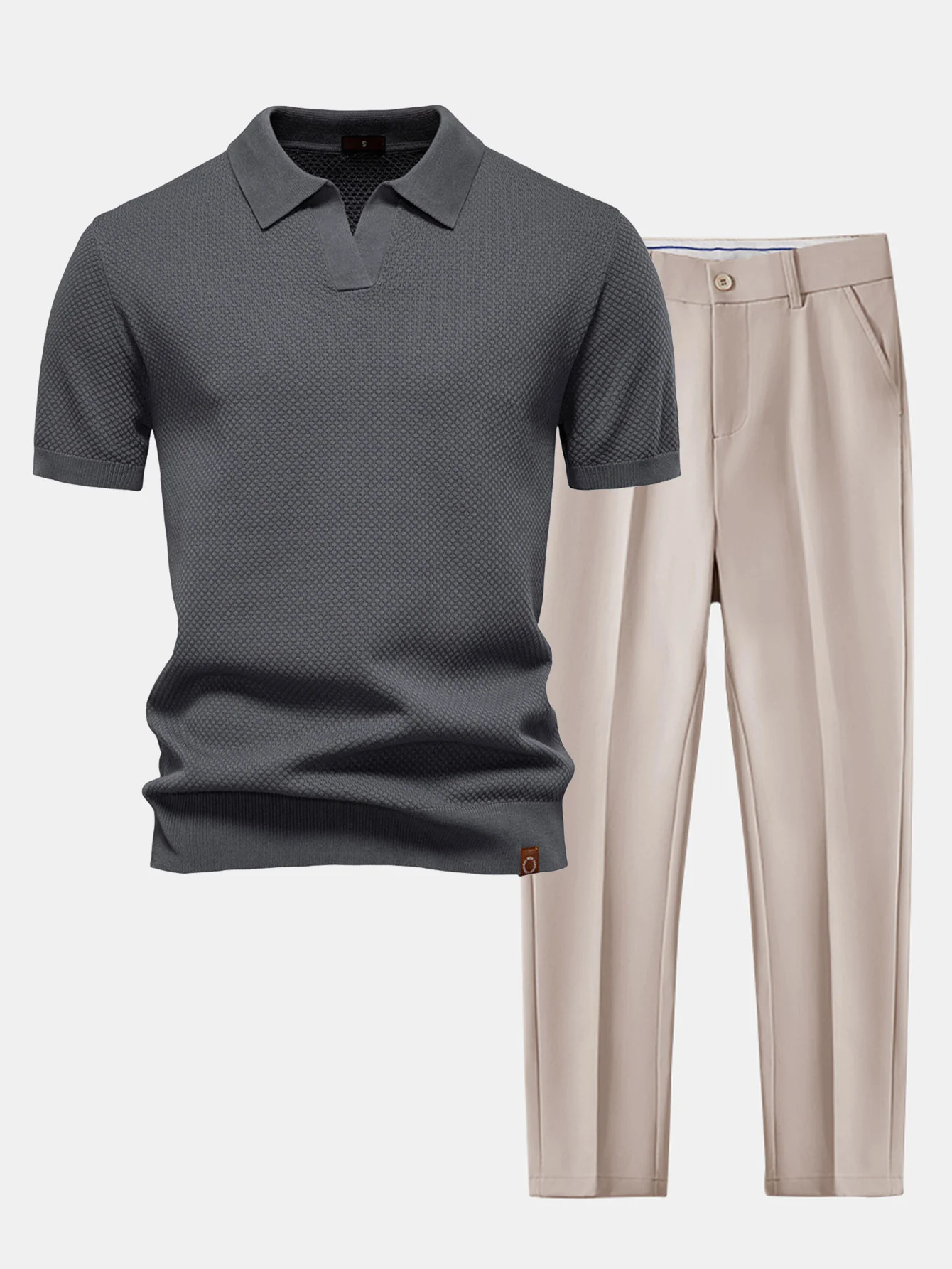 Ananasstruktur Strick V-Ausschnitt Poloshirts & Schlanke, Verjüngte Hose - Image 4